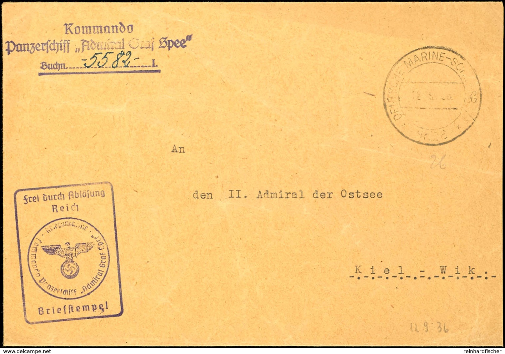 1936, Kriegsmarine, Dienst-Brief Mit Aufgabe-Stpl. DEUTSCHE MARINE - SCHIFFSPOST Nr. 26 Vom 12.9.36 Sowie Mit Dienst- Un - Other & Unclassified