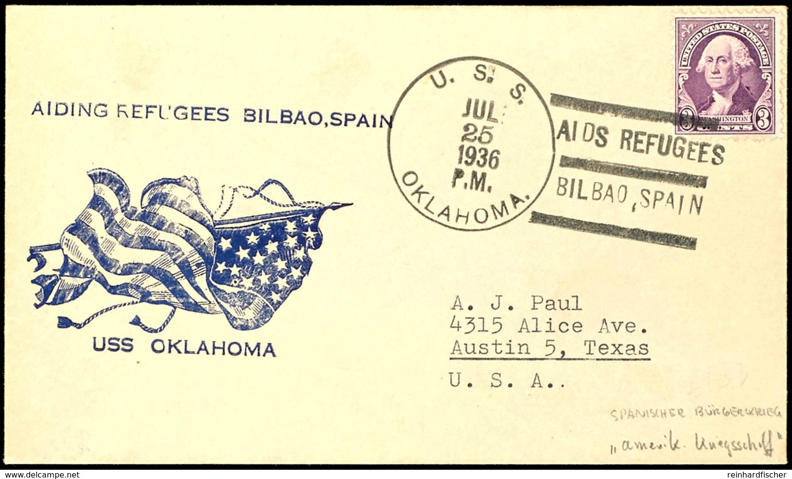 1936, Span. Bürgerkrieg, Briefumschlag Vom Amerikanischen Schlachtschiff OKLAHOMA Mit 3 C Mit Aufgabe-Stpl. U. S. S. OKL - Altri & Non Classificati