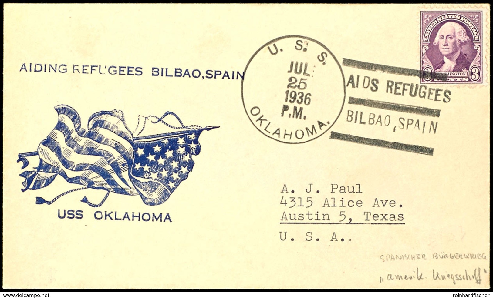 1936, Span. Bürgerkrieg, Briefumschlag Vom Amerikanischen Schlachtschiff OKLAHOMA Mit 3 C Mit Aufgabe-Stpl. U. S. S. OKL - Sonstige & Ohne Zuordnung