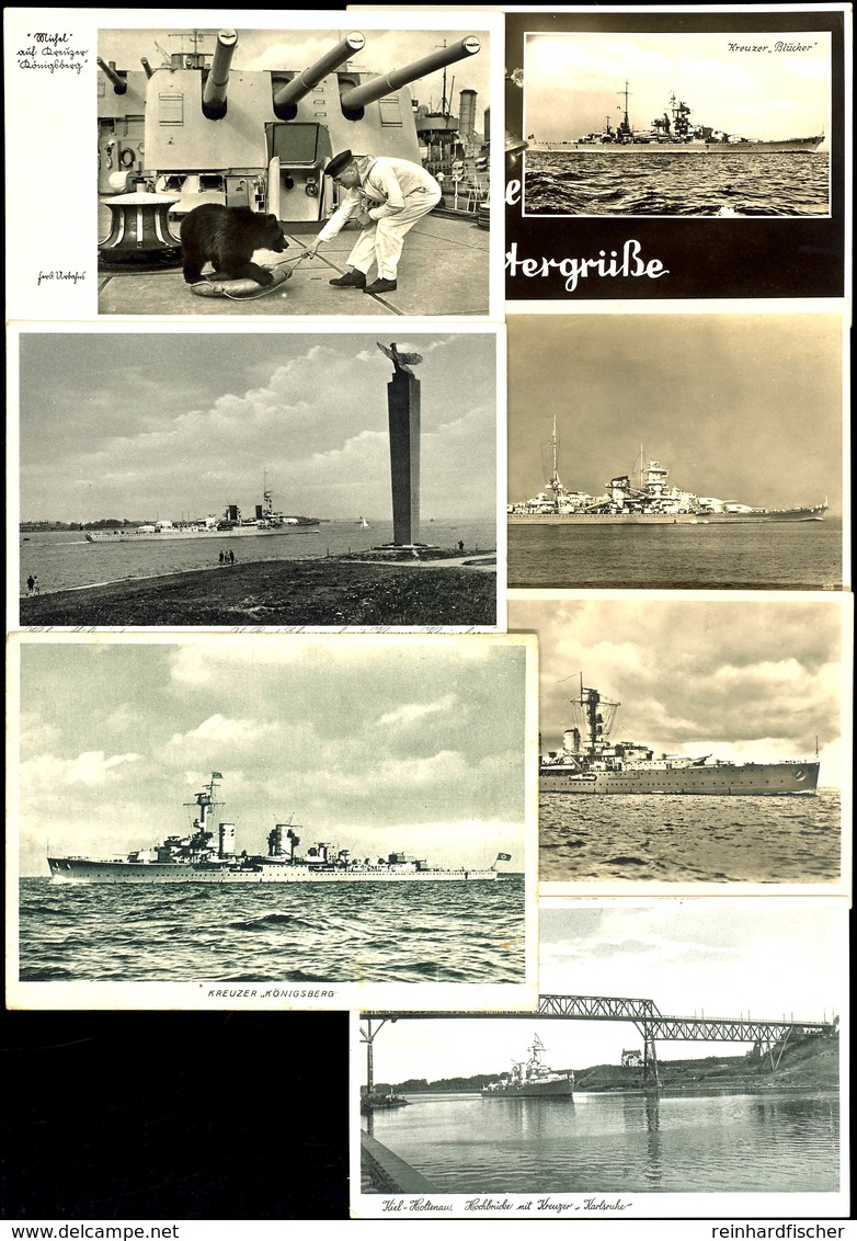 1936/43, Kriegsmarine, 7 Gebrauchte Ansichtskarten Mit Abbildungen Von Kriegsschiffen (u.a. Der Kreuzer "Blücher", "Emde - Other & Unclassified