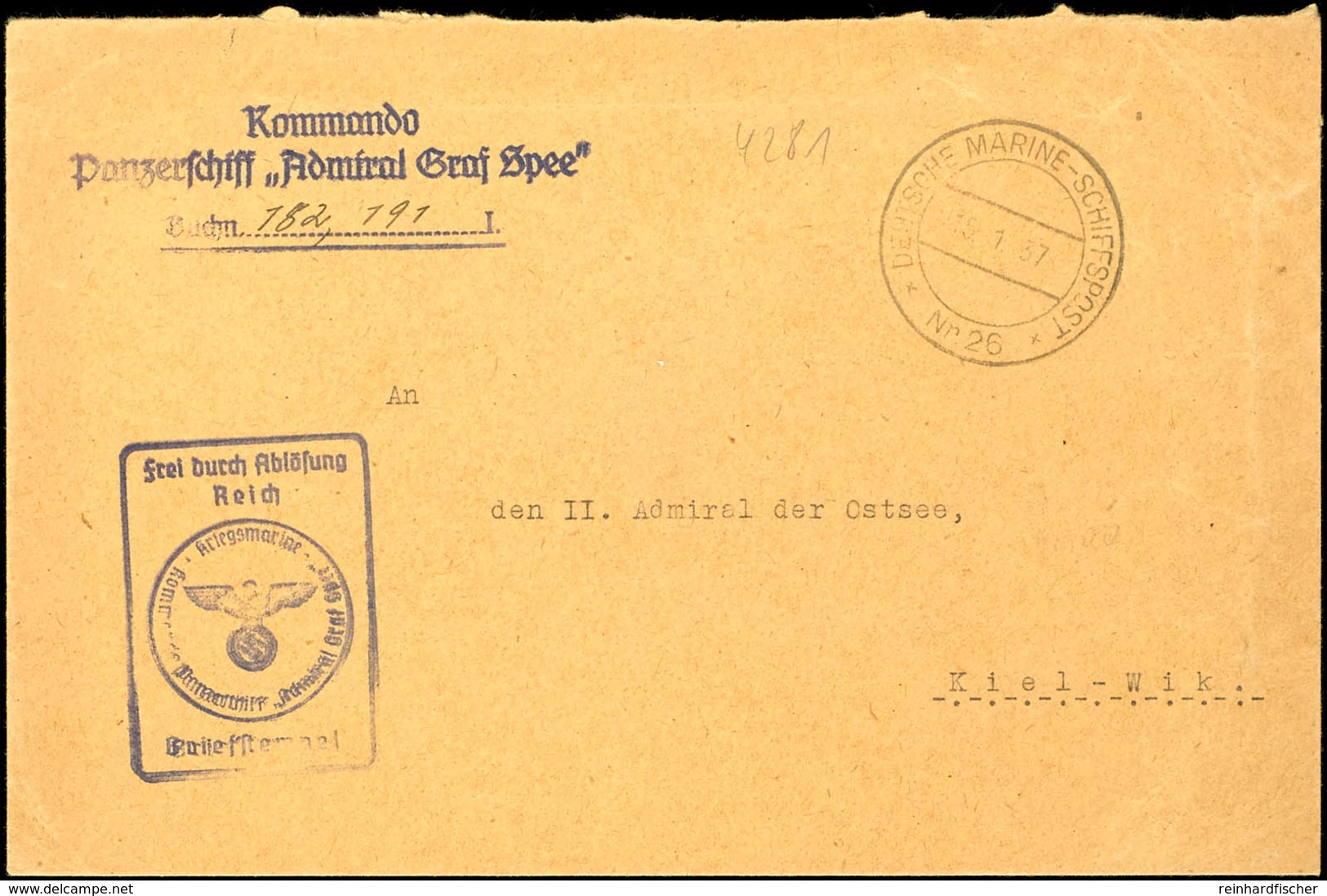 1937, Kriegsmarine, Dienst-Brief Mit Aufgabe-Stpl. DEUTSCHE MARINE-SCHIFFSPOST Nr. 26 Vom 16.1.37 Sowie Mit Dienst- Und  - Altri & Non Classificati