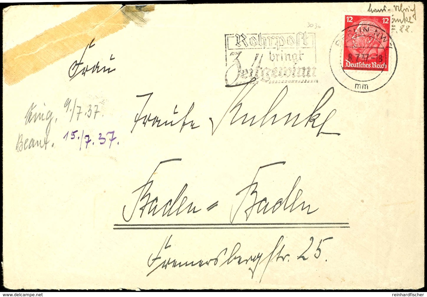 1937, Legion Condor, Brief Mit 12 Pf Hindenburg Mit Aufgabe-Stpl. BERLIN NW 7 Vom 8.7.37 Eines Angehörigen Der Legion Co - Autres & Non Classés