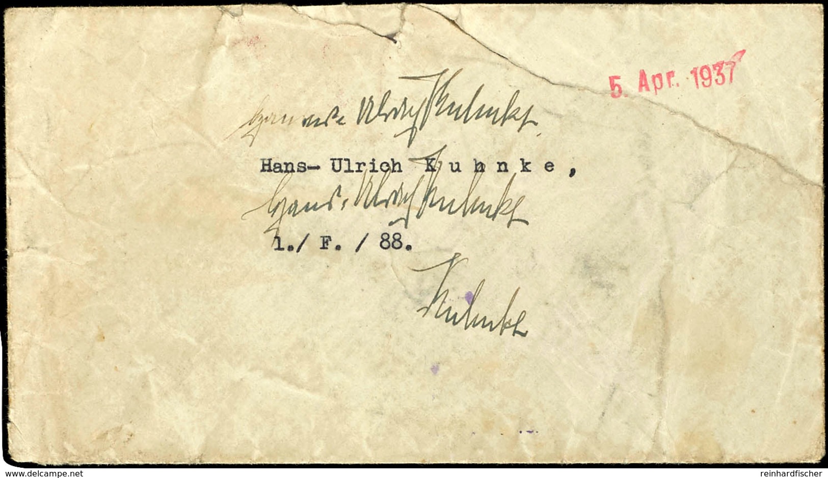 1937, Legion Condor, Brief Ohne Absenderangabe Mit Rotem Datum-Eingangsstempel 5. Apr. 1937 An Hans-Ulrich Kuhnke, 1./ F - Autres & Non Classés