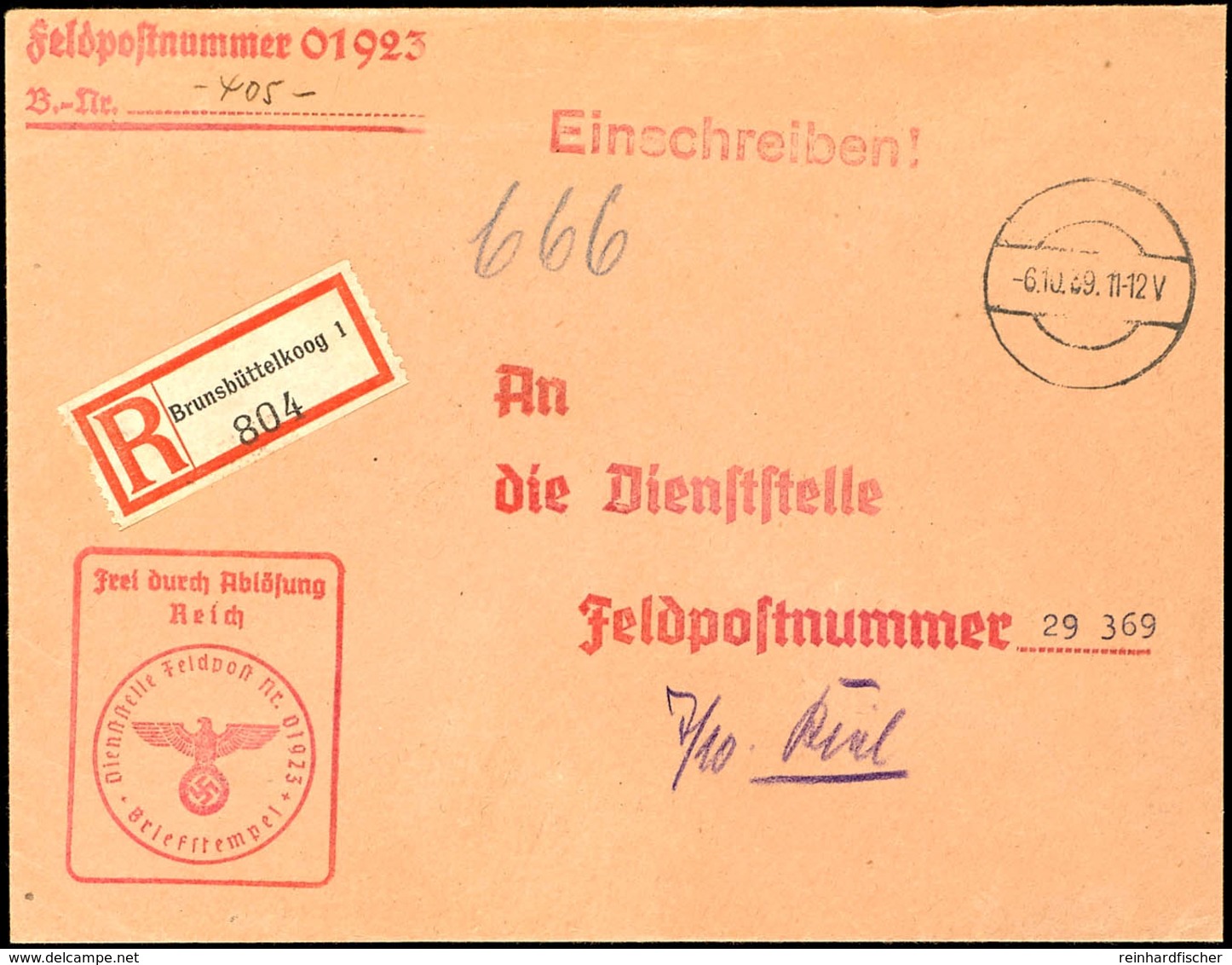 1939, Kriegsmarine, Feldpost-R-Brief Mit Stummen Aufgabe-Stpl. Vom 6.10.43 Sowie Mit R-Zettel "Brunsbüttelkoog 1" Und Ab - Altri & Non Classificati
