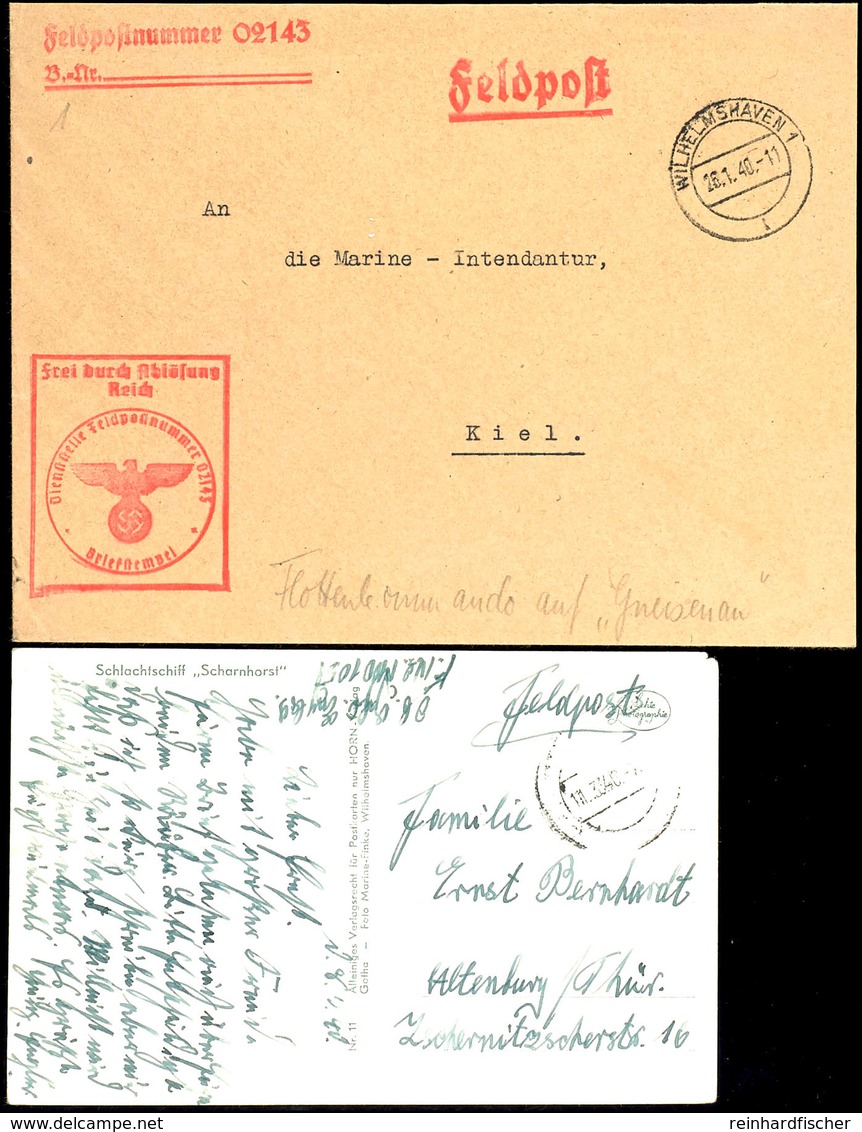 1940, Kriegsmarine, Feldpost-Brief Und -Karte Vom Schlachtschiff "Gneisenau" (= Feldpost-Nr. M 00105): Ansichtskarte Des - Autres & Non Classés