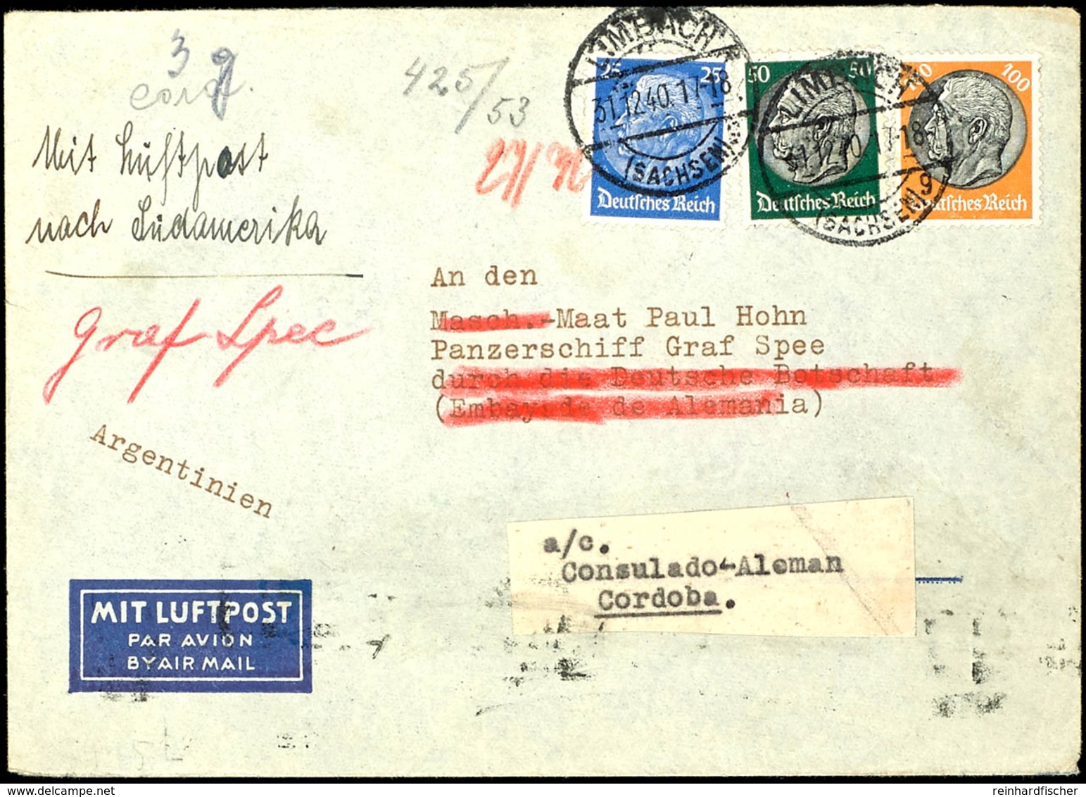 1940, Kriegsmarine, Interniertenpost Panzerschiff "Admiral Graf Spee", Luftpost-Brief Mit Leitvermerk "Mit Luftpost Nach - Autres & Non Classés