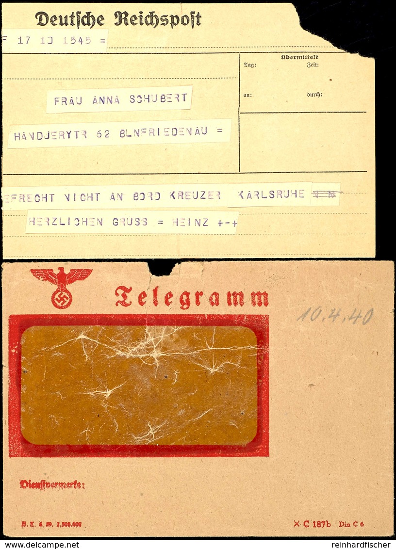 1940, Kriegsmarine, Telegramm Mit Umschlag Vom 10.4.40 Aus Kiel-Holtenau Nach Berlin Friedenau Mit Text "War Beim Seegef - Autres & Non Classés
