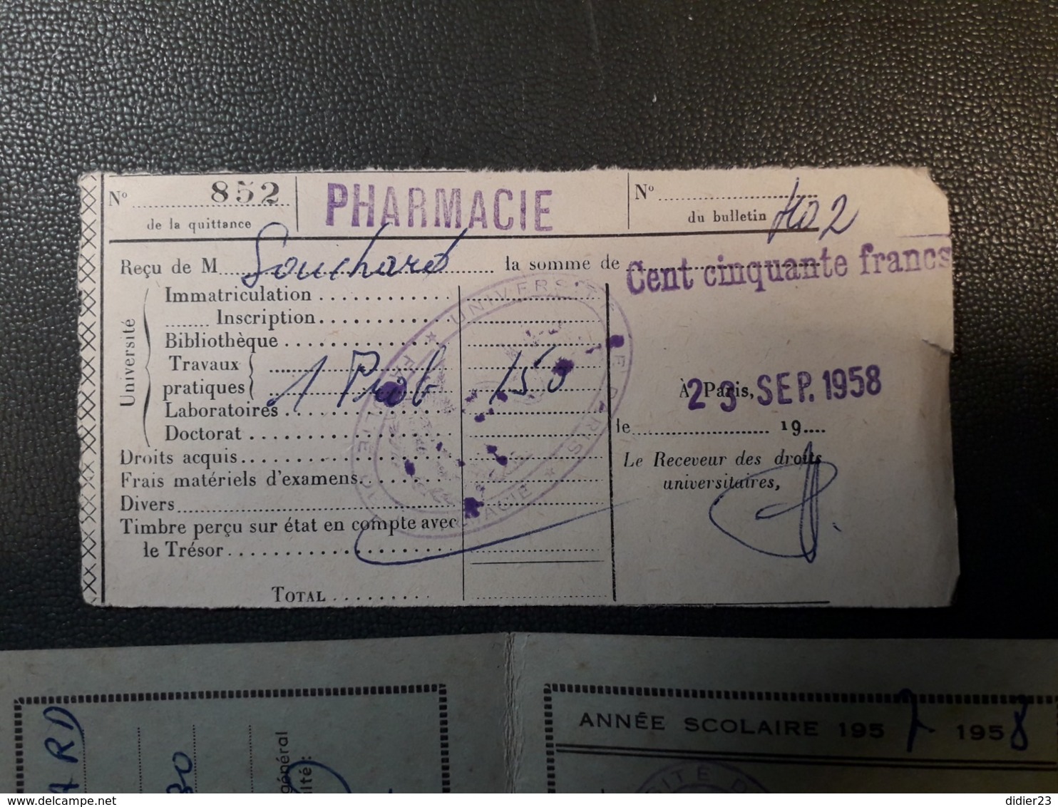 CARTE ETUDIANT FACULTE DE PHARMACIE UNIVERSITE DE PARIS 1957 -1958 MEDECINE ET PHARMACIE - Matériel Et Accessoires