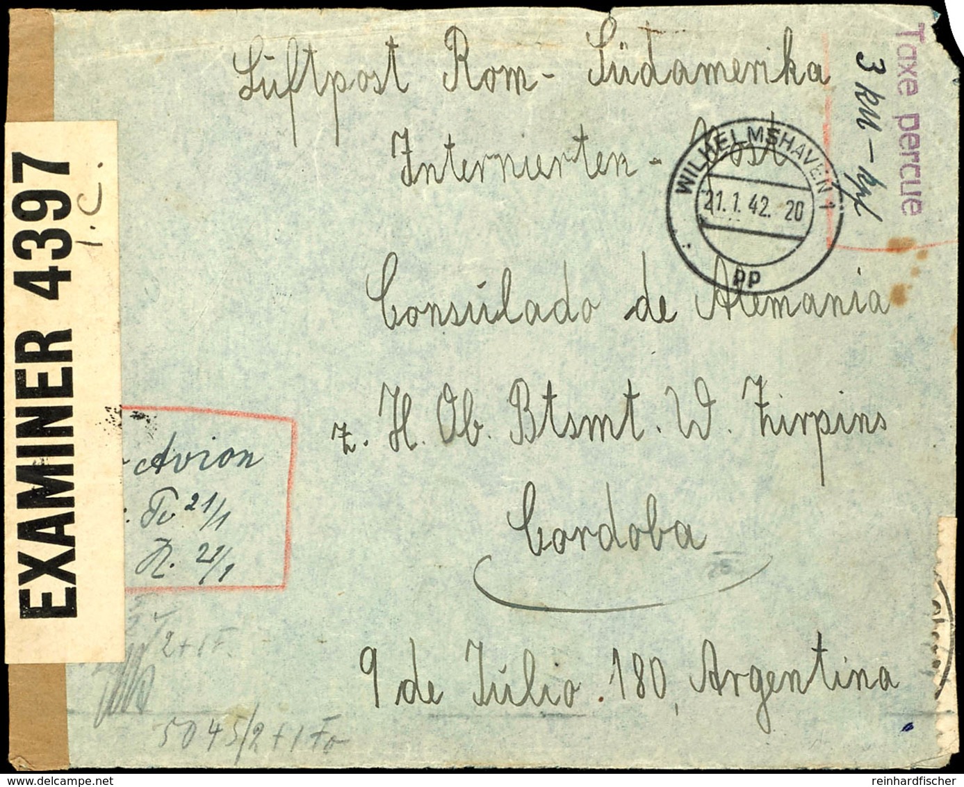 1942, Kriegsmarine, Interniertenpost Panzerschiff "Admiral Graf Spee", Luftpost-Brief Mit Leitvermerk "Luftpost Rom - Sü - Other & Unclassified