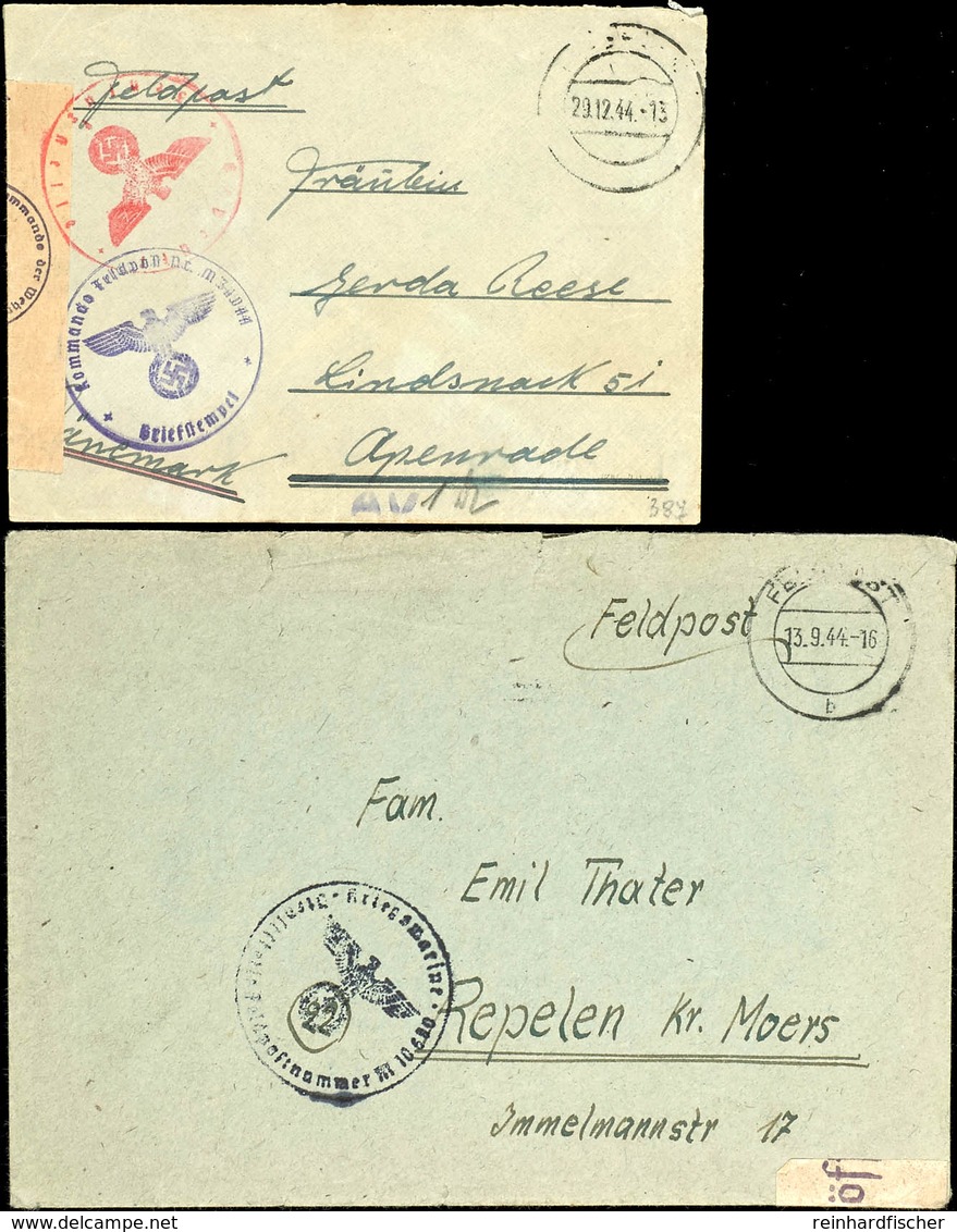 1944, Kriegsmarine, 2 Feldpost-Briefe Mit Zensur: Feldpostzweikreissteg-Stpl. Vom 13.9.44 Auf Brief Nach Repelen Krs. Mo - Altri & Non Classificati