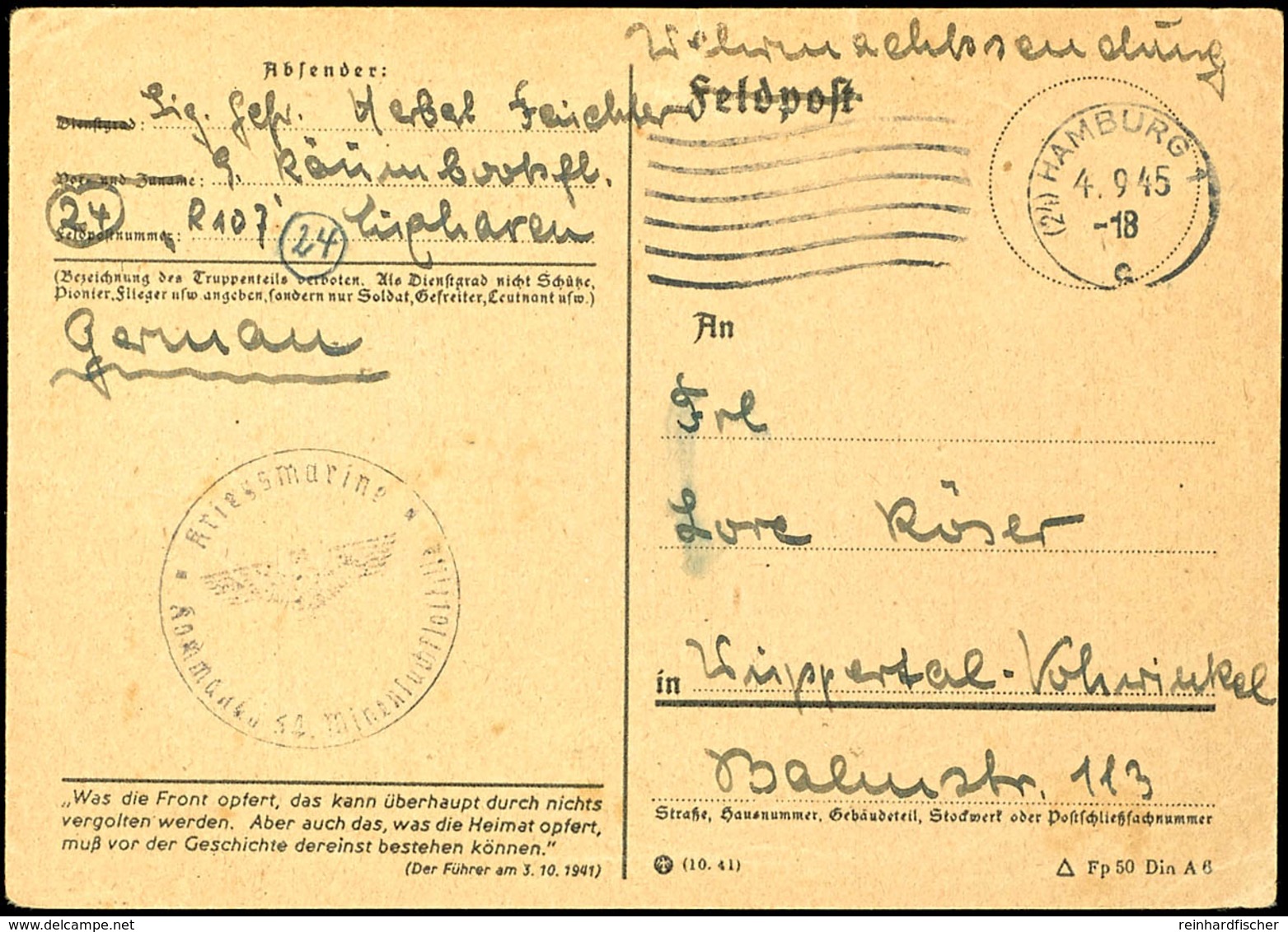 1945, Minenräumdienst, Unfrankierte Postkarte (Feldpost-Karte) Mit Aufgabe-Stpl. (24) HAMBURG 1 Vom 4.9.45 Und Absendera - Autres & Non Classés