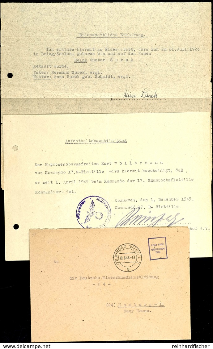 1946, Minenräumdienst, Unfrankierter Dienst-Brief Mit Aufgabe-Stpl. (21) MINDEN (WESTF) 2 Vom 10.8.46 Und Rahmen-Stpl. P - Other & Unclassified