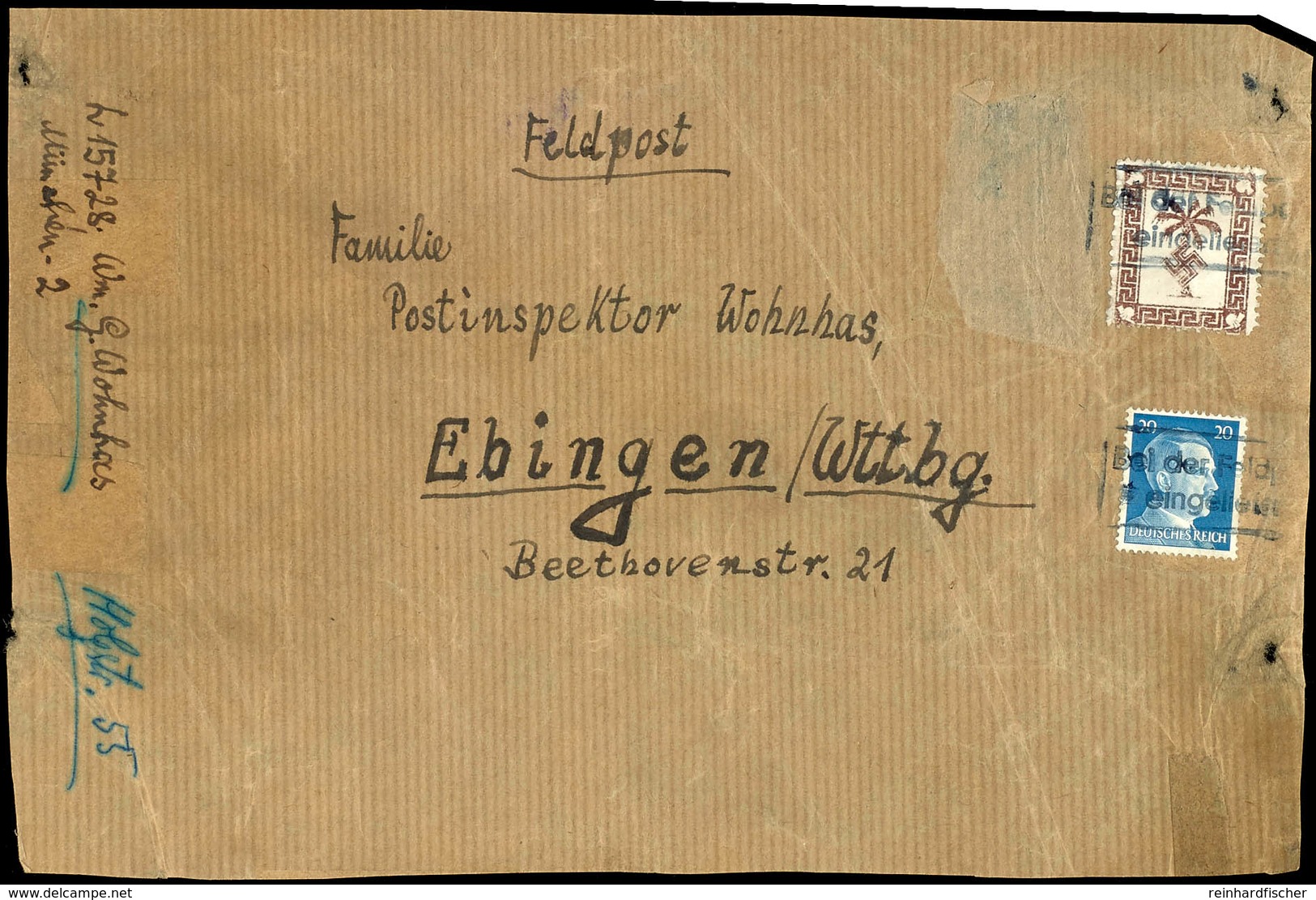 Tunis, Päckchenzulassungsmarke Mit Freimarke 20 Pfg Hitler Auf Päckchenadresse Eines Feldpostpäckchens Mit Abs.- Und Emp - Sonstige & Ohne Zuordnung