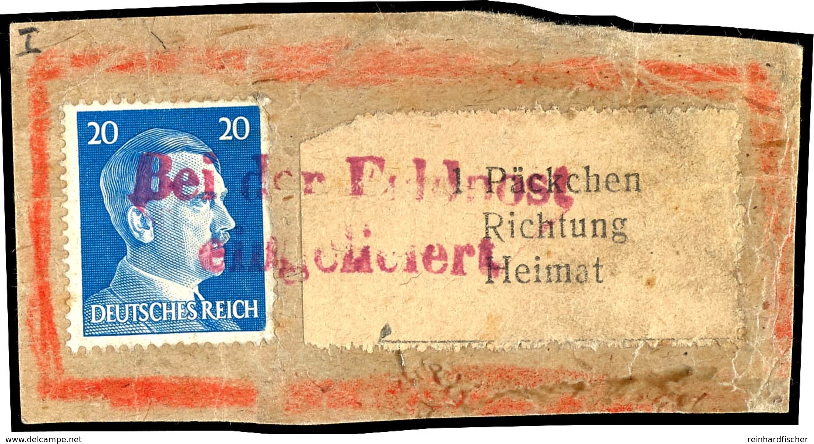 Krim, Zulassungsmarke Nebst 20 Pfg Hitler Freimarke Auf Briefstück, Entwertet Mit Rotem L2 "BEI DER FELDPOST EINGELIEFER - Sonstige & Ohne Zuordnung