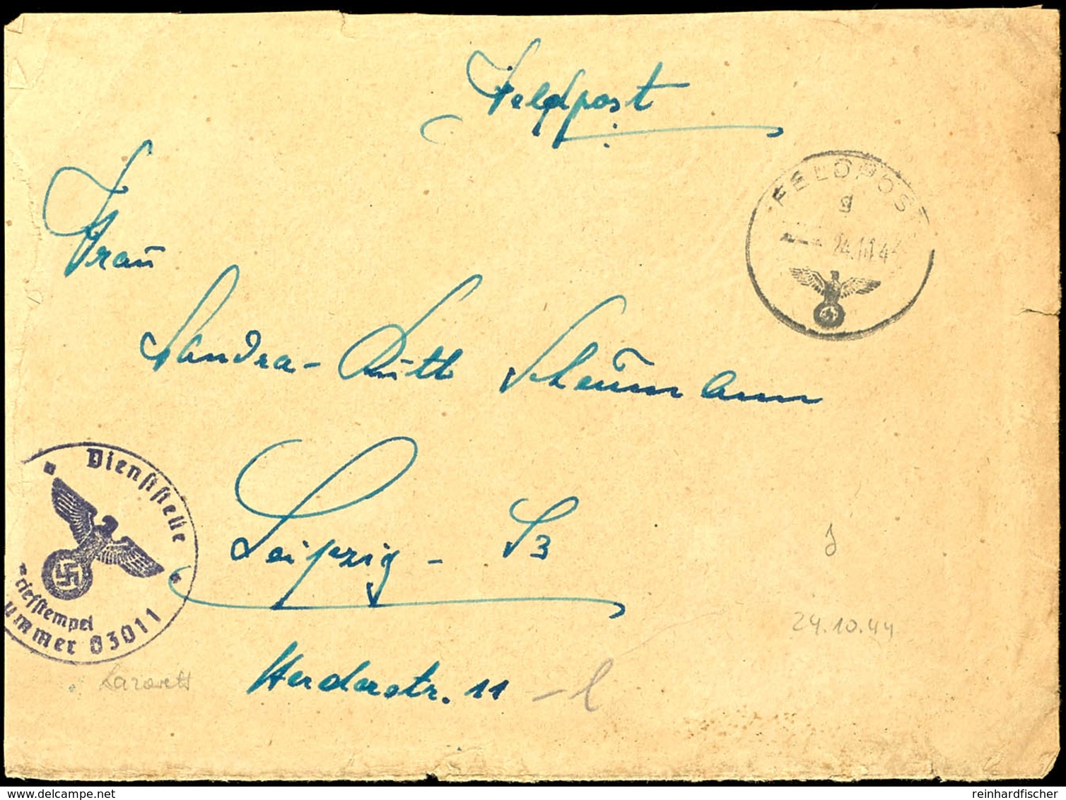 24.10.44, Festungs-Feldpostbrief Mit Normstempel "g 24.10.44" Der Dienstelle 03011 Nach Leipzig, Beförderungsspuren, Int - Other & Unclassified