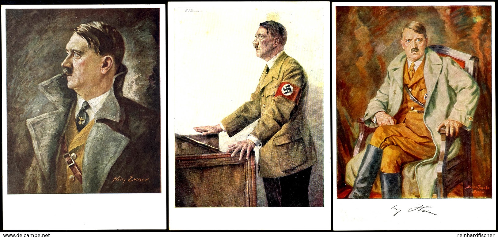 1941, 3 Verschiedene Color-Propagandakarten Hitler Auf Gemälden, Photo-Hoffmann Nr. 442, 445 Und 449, Jeweils Mit 12 + 3 - Altri & Non Classificati