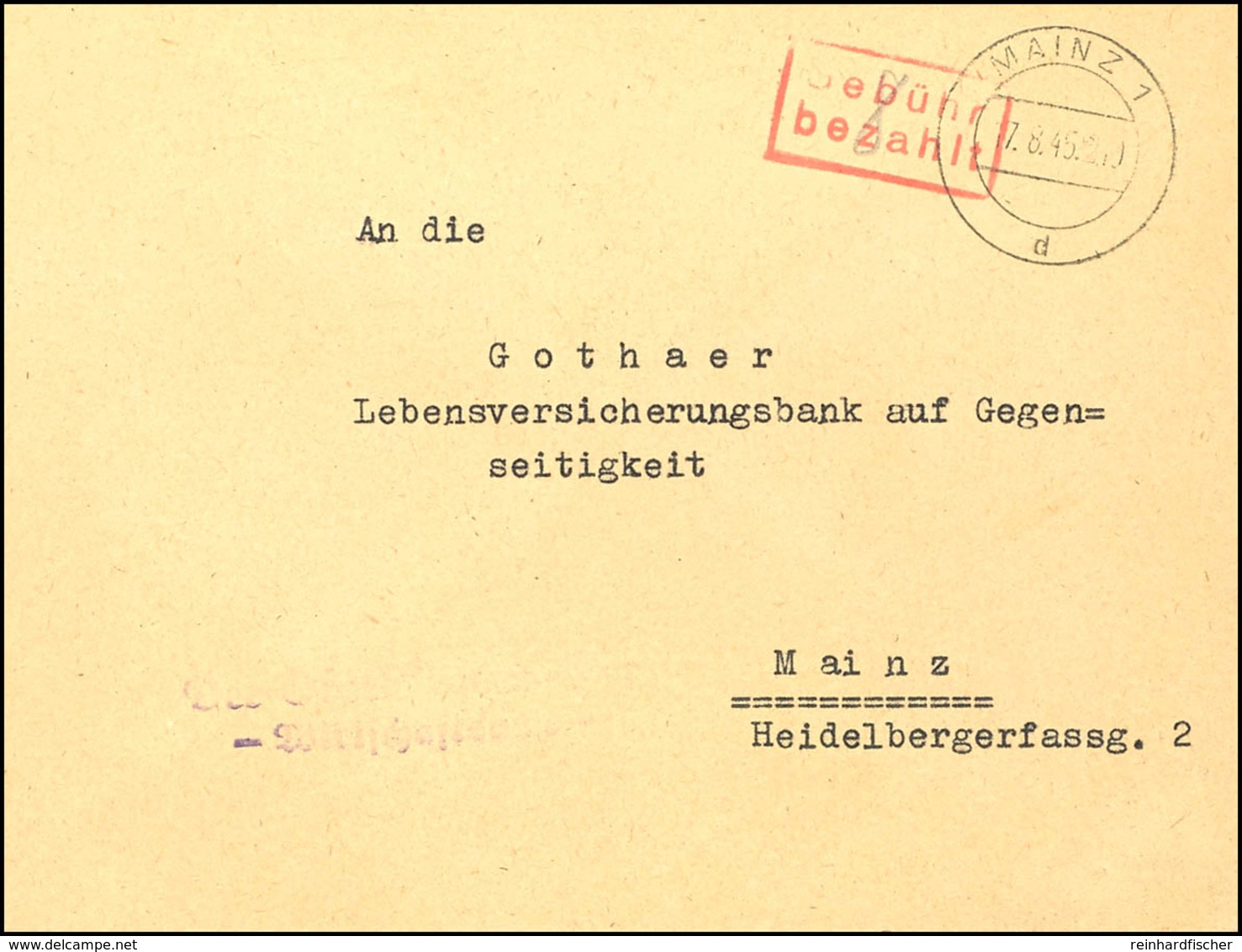 MAINZ: Gebühr Bezahlt, Roter Ra2 Auf Orts-Brief Von "MAINZ 17.8.45", Oberklappe Fehlend  BF - Sonstige & Ohne Zuordnung