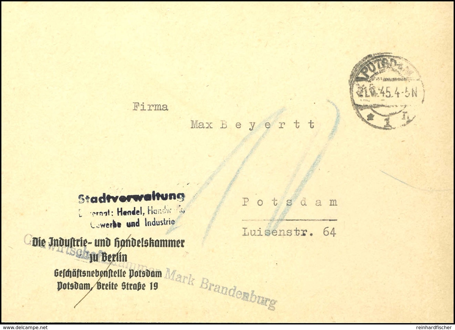 POTSDAM: Unfreier Orts-Brief Von "POTSDAM 21.6.45", Mit 10 Pfg Nachporto Belegt, Früher Und In Dieser Form Ungewöhnliche - Sonstige & Ohne Zuordnung