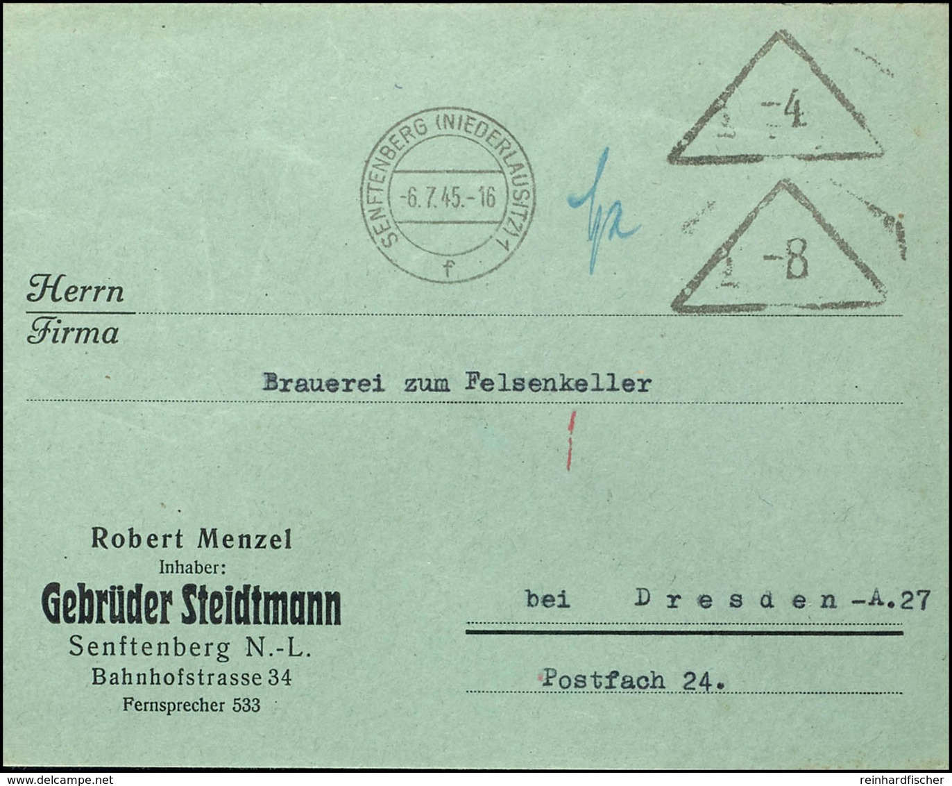 SENFTENBERG: Dreieckige "-4" Und "-8" Benst Signum Des Postbeamten Auf Fernbrief Von "SENFTENBERG (NIEDERLAUSITZ) 1 6.7. - Altri & Non Classificati