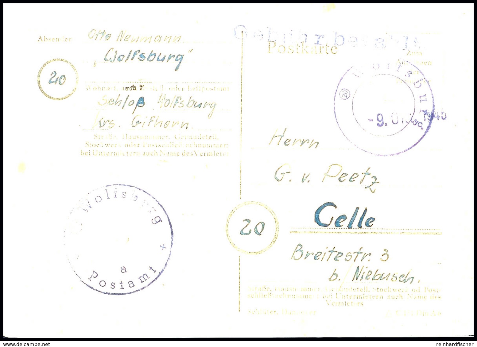 WOLFSBURG: Gebühr Bezahlt, Auf Postkarte Von K2 "(20) Wolfsburg" Mit Eingestempeltem Datum "0. Okt 1945" Nach Celle, Sel - Sonstige & Ohne Zuordnung