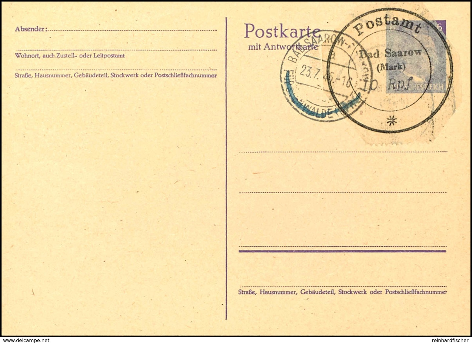 10 Pfg Postverschlusszettel, Zwei Stück, Auf Blanko-Ganzsachen-Doppelpostkarte 6 Pfg Hitler, Je Einer Auf Der Frage- Bzw - Bad Saarow