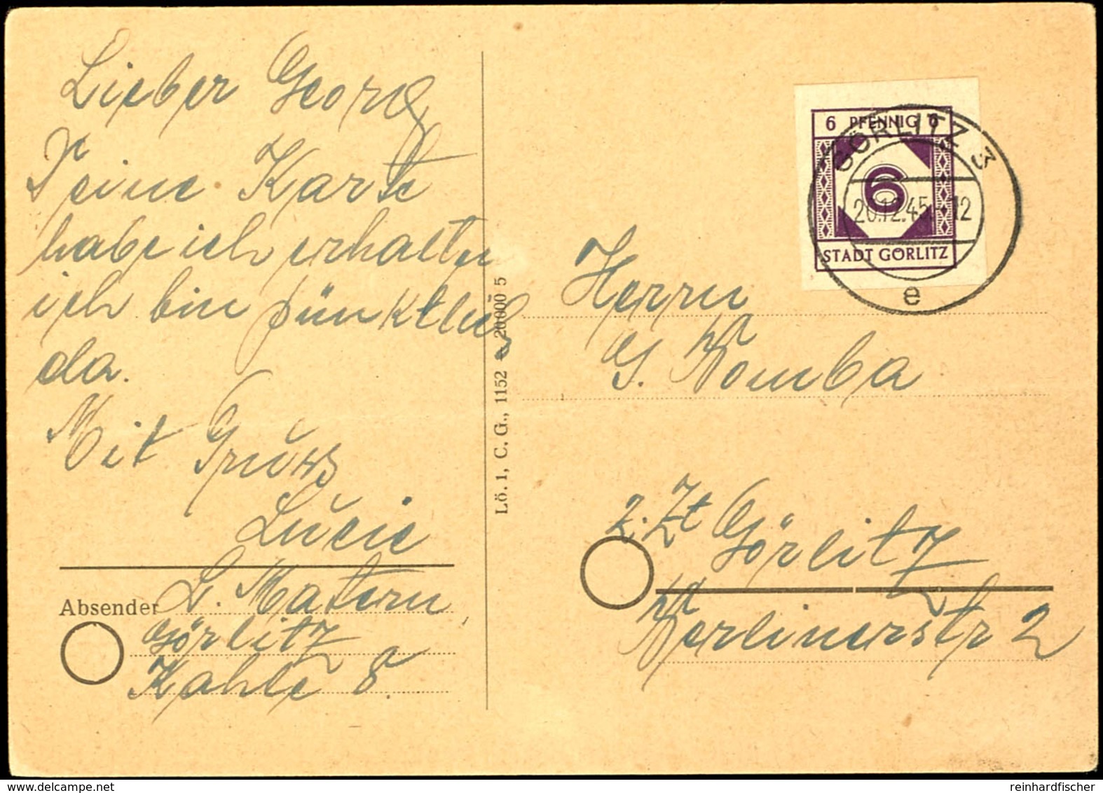 6 Pfg Freimarke Ungezähnt Auf Orts-Postkarte Von "GÖRLITZ 3 20.12.45", Allseits Breit Gerandet Und Tadellos, Karte Horiz - Görlitz