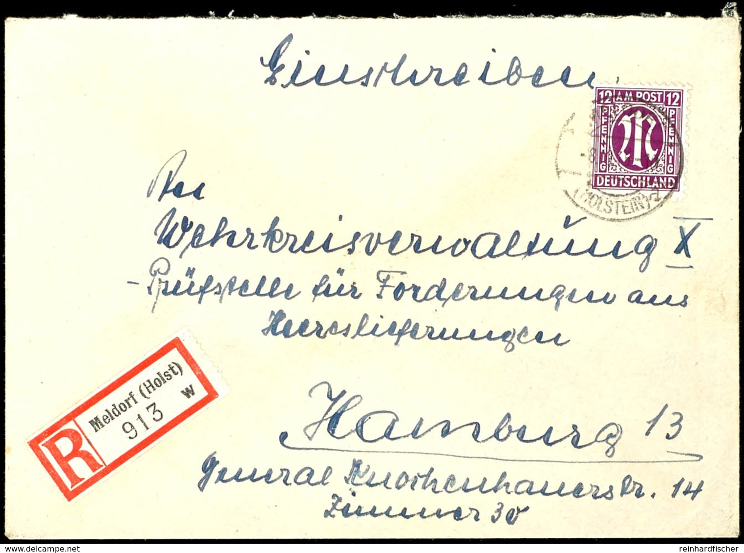 Meldorf (Holst), 30 Pfg Einschreibezettel Mit Gebührenfunktion Sowie 12 Pfg AM-Post Auf R-Brief Von MELDORF (HOLSTEIN) 8 - Kiel
