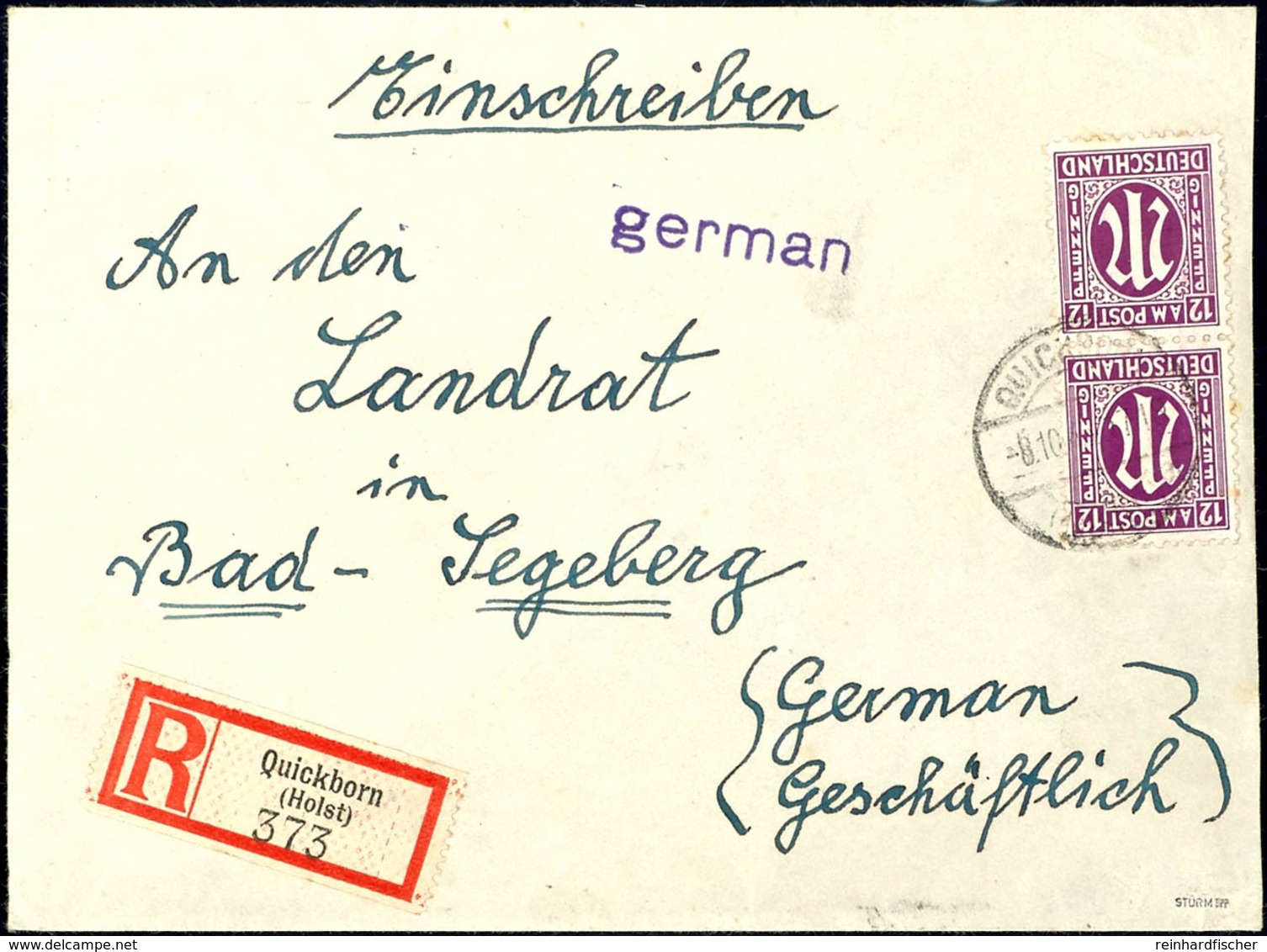 Quickborn (Holst), 30 Pfg Einschreibezettel Mit Gebührenfunktion Sowie Senkrechtes Paar 12 Pfg AM-Post Auf R-Brief Von Q - Kiel