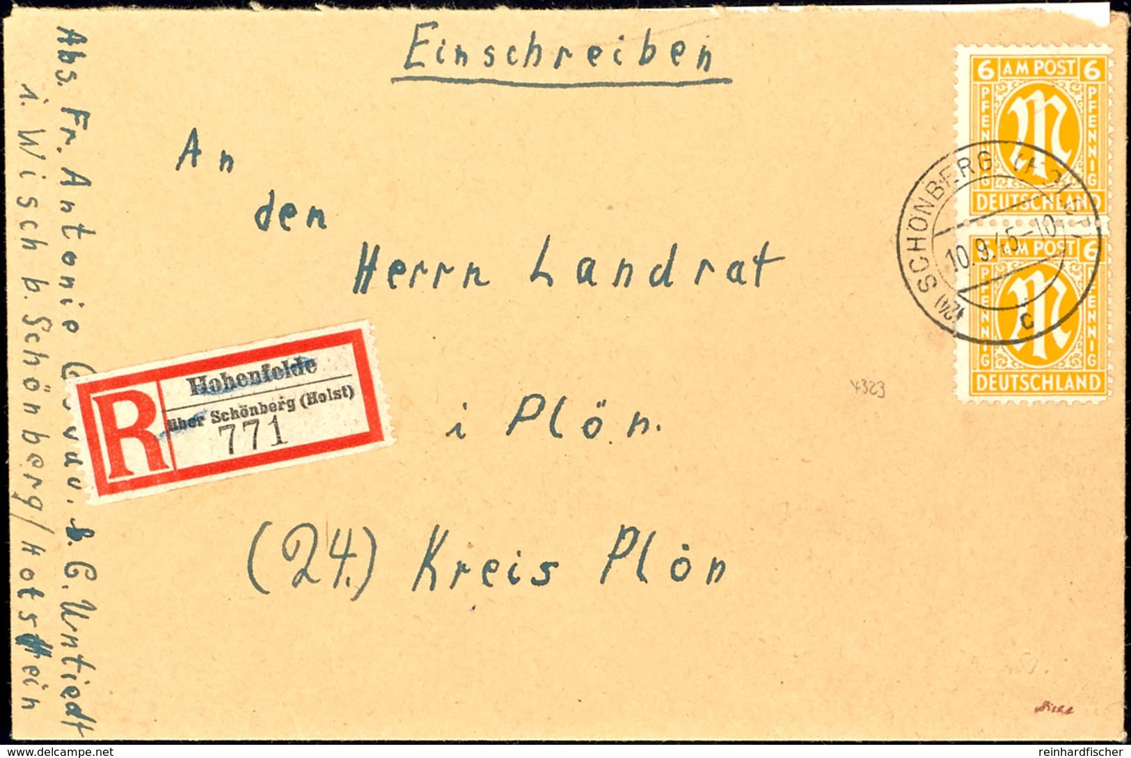 Schönberg (Holst), 30 Pfg Einschreibezettel Von Hohenfelde über Schönberg (Holst), "Hohenfelde über" Gestrichen, Mit Geb - Kiel