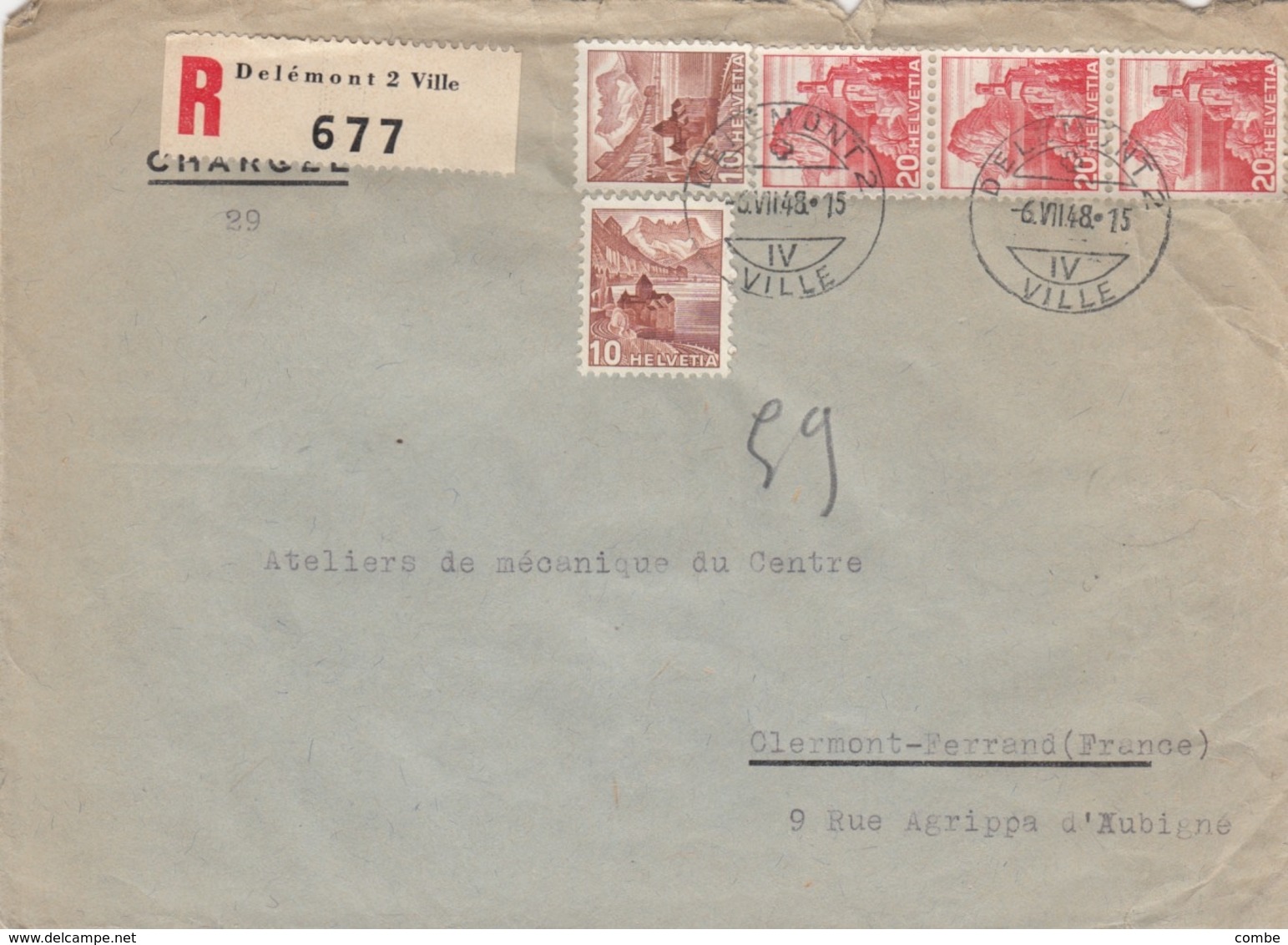 LETTRE SUISSE POUR LA FRANCE. RECOMMANDE DELEMONT 6 7 1948 - Storia Postale