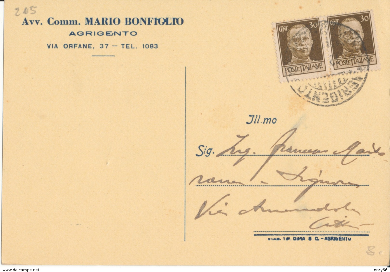 AGRIGENTO 26-12-45 CARTOLINA POSTALE IMPERIALE CENT 30 X 2 - Marcophilie