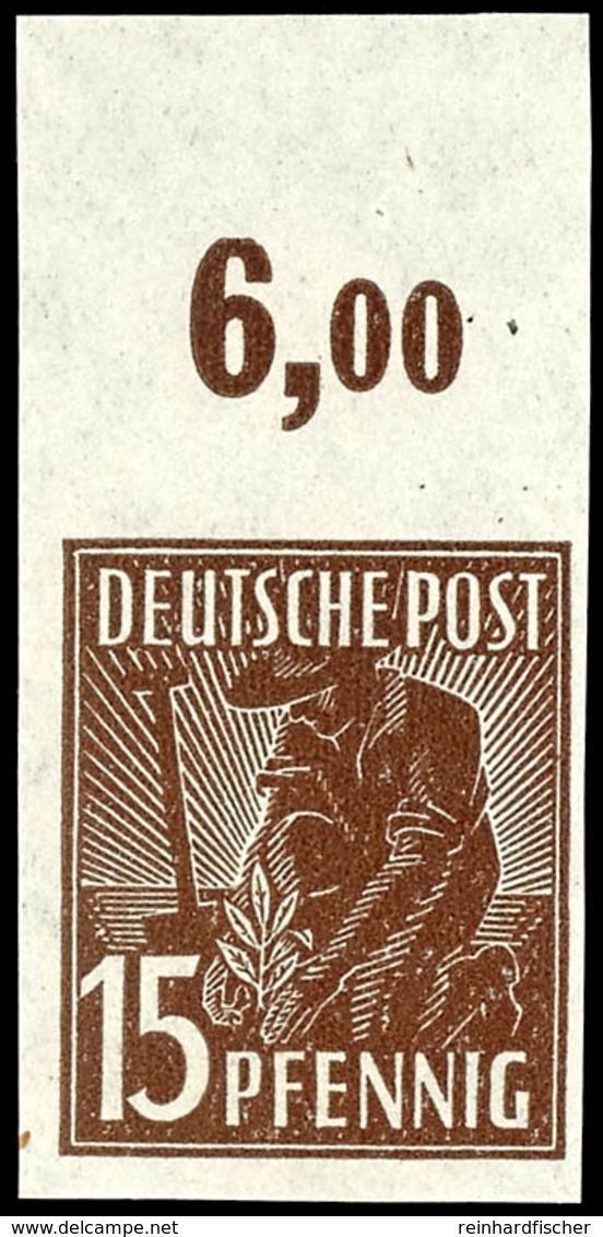 15 Pfg Arbeiter, Abart "ungezähnt", Oberrandstück, Tadellos Postfrisch, Mi. 200.-, Katalog: 948U ** - Other & Unclassified