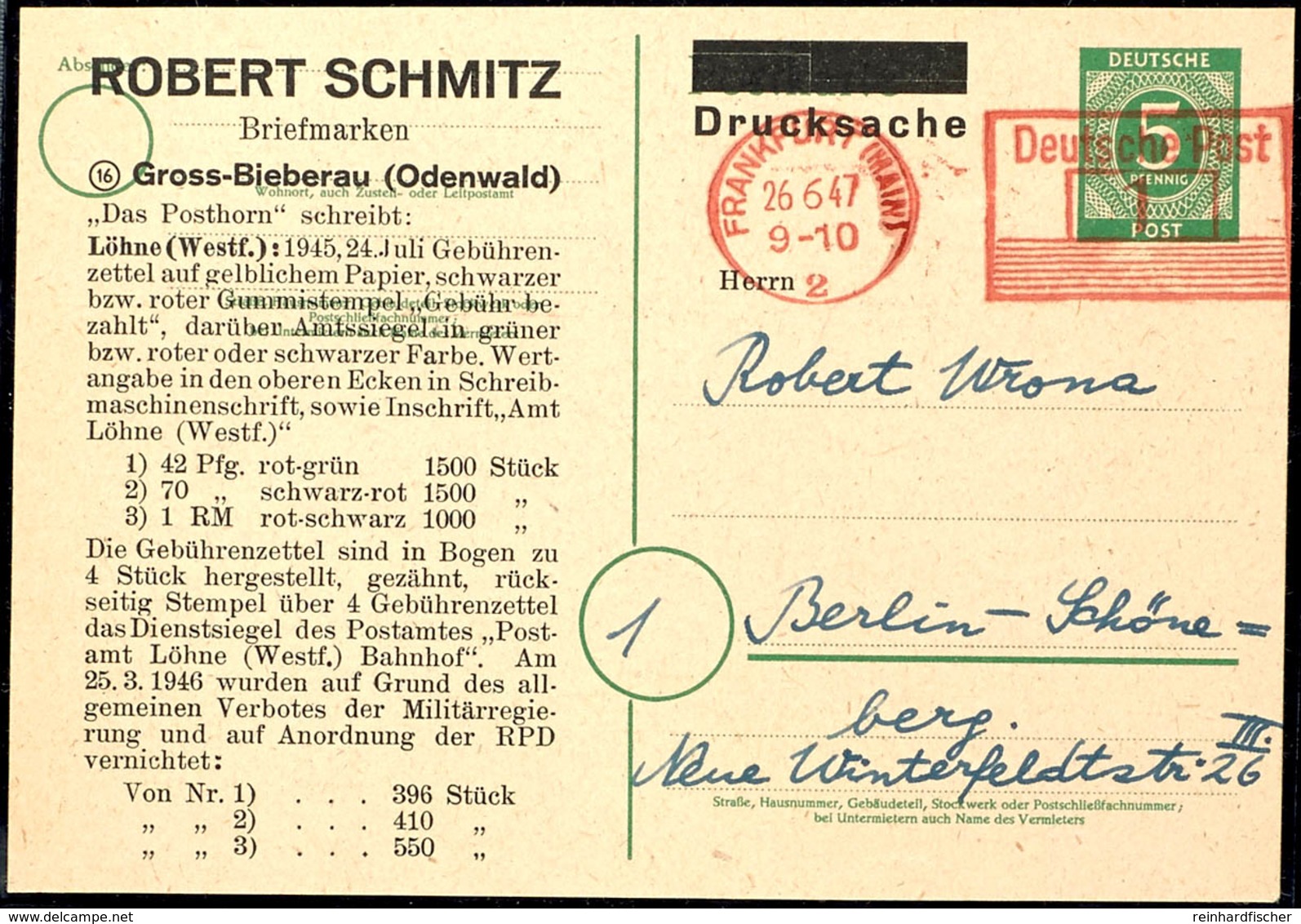 Ganzsachenkarte 5 Pfg Kontrollrat Mit Zusätzlichem Freistempel 1 Pfg "FRANKFURT / MAIN 26.6.47" Aufgewertet Als Portoger - Otros & Sin Clasificación