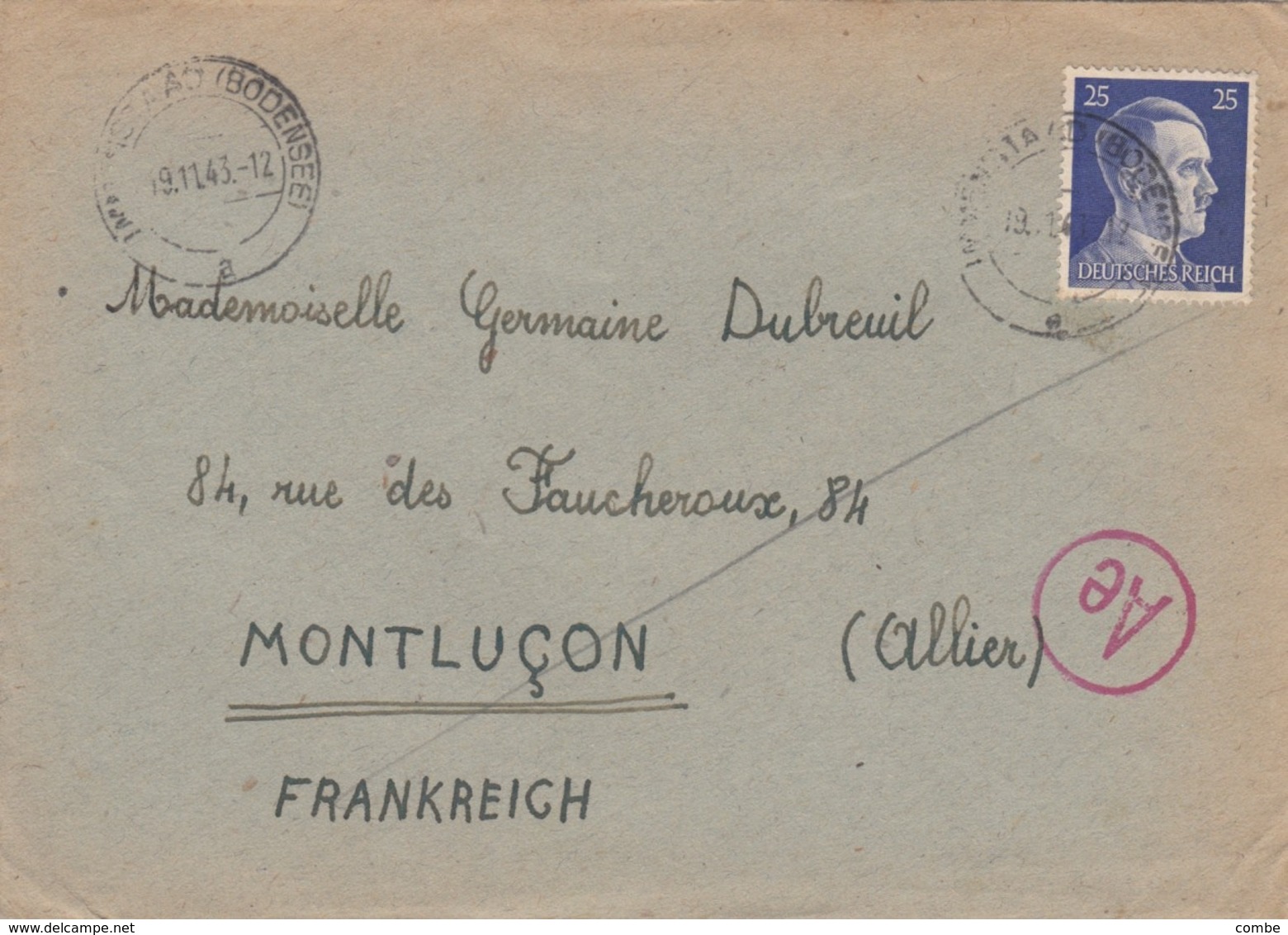 LETTRE REICH. 19 11 43. FIRMA KELLUER IMMENSTAAD ( BODENSEE) POUR LA FRANCE. CENSURE - Briefe U. Dokumente