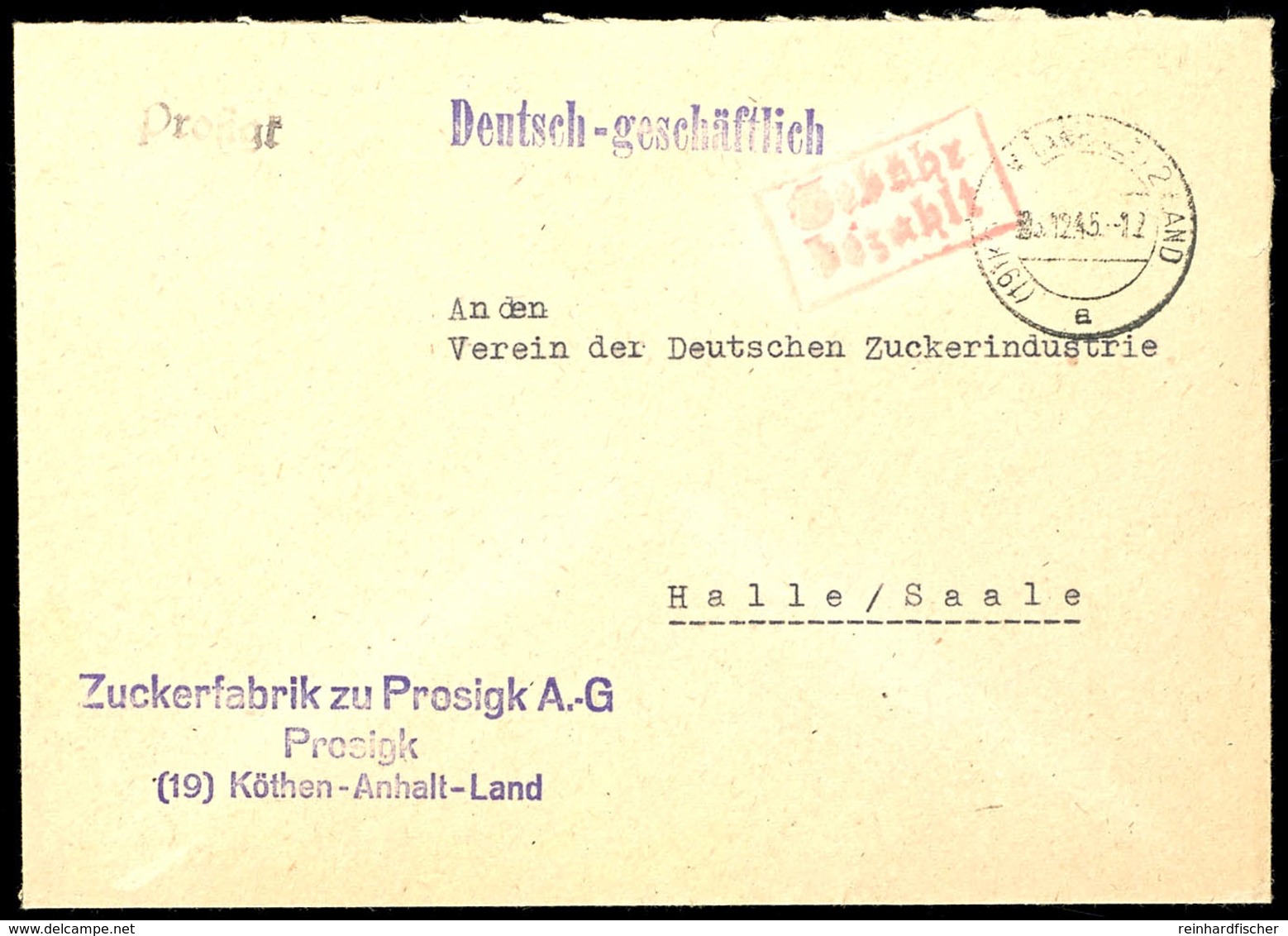 PROSIGK - Brief Vom 5.12.45 Mit Notstempel In Schwarz U. Nebengesetzten Gebühr-bezahlt-Stempel, Tadellos, Selten!  BF - Other & Unclassified