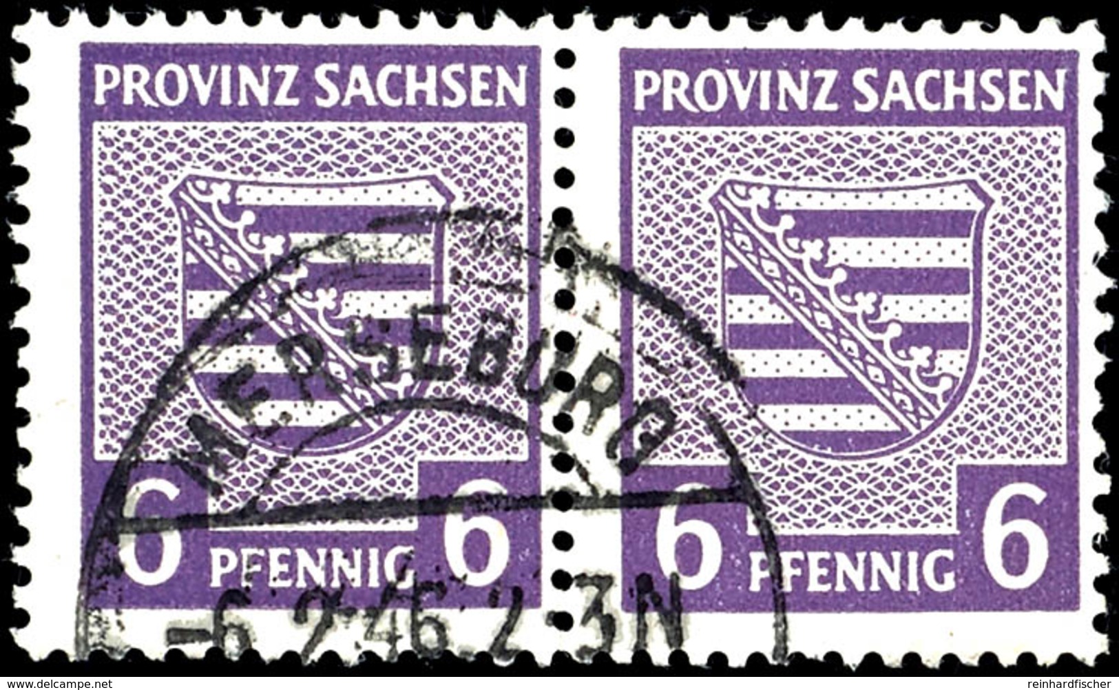 6 Pfg. Wappen Dunkelgrauviolett, Waager. Paar Gest MERSEBURG 6.2.46, Gepr. Ströh BPP, Mi. 160,-, Katalog: 76Xc(2) O - Autres & Non Classés