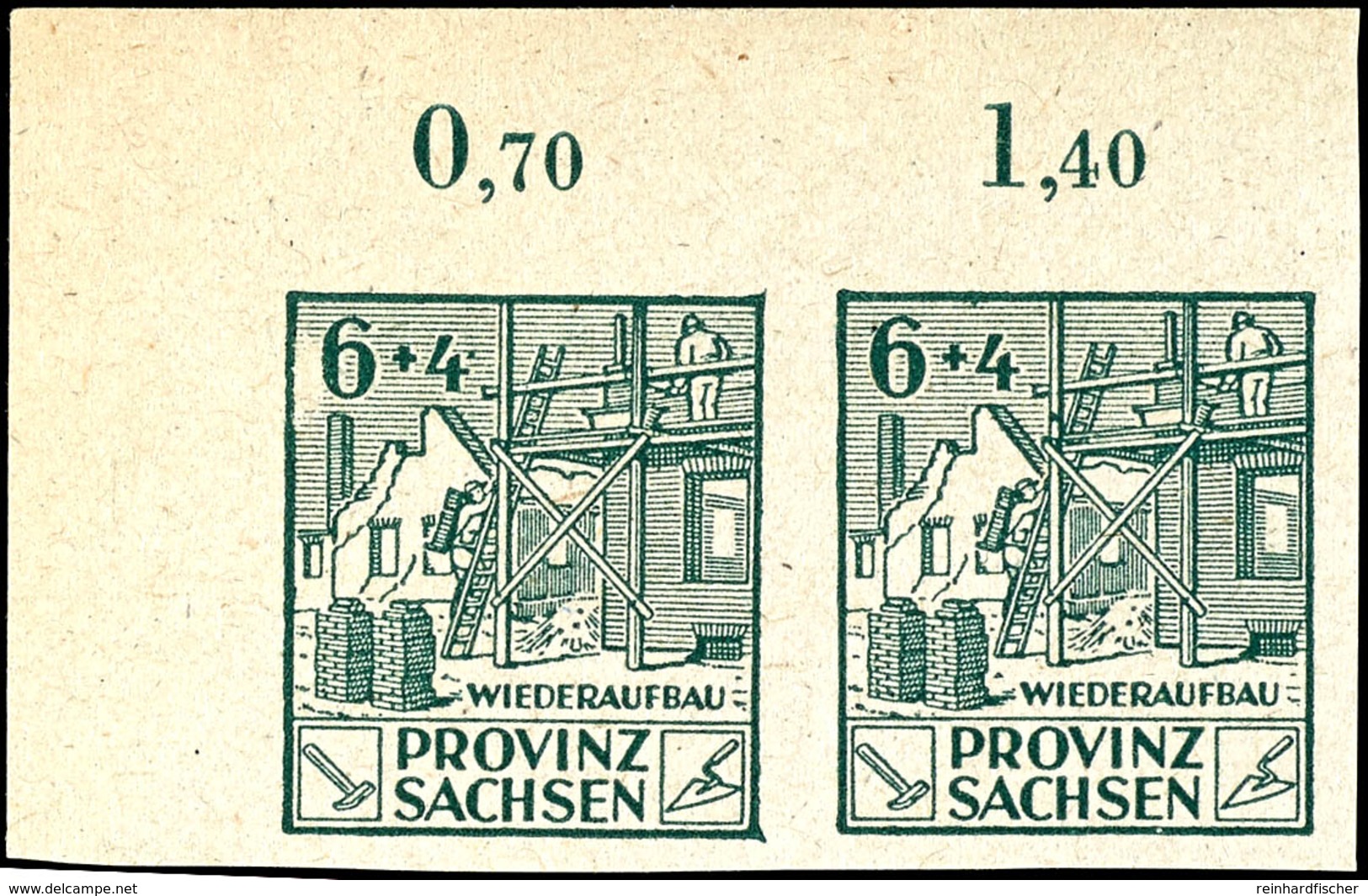 6 + 4 Pfg Wiederaufbau Geschnitten Mit Plattenfehler X "Schraffurlinien Neben Der Wertziffer '6' Links Großflächig Fehle - Other & Unclassified