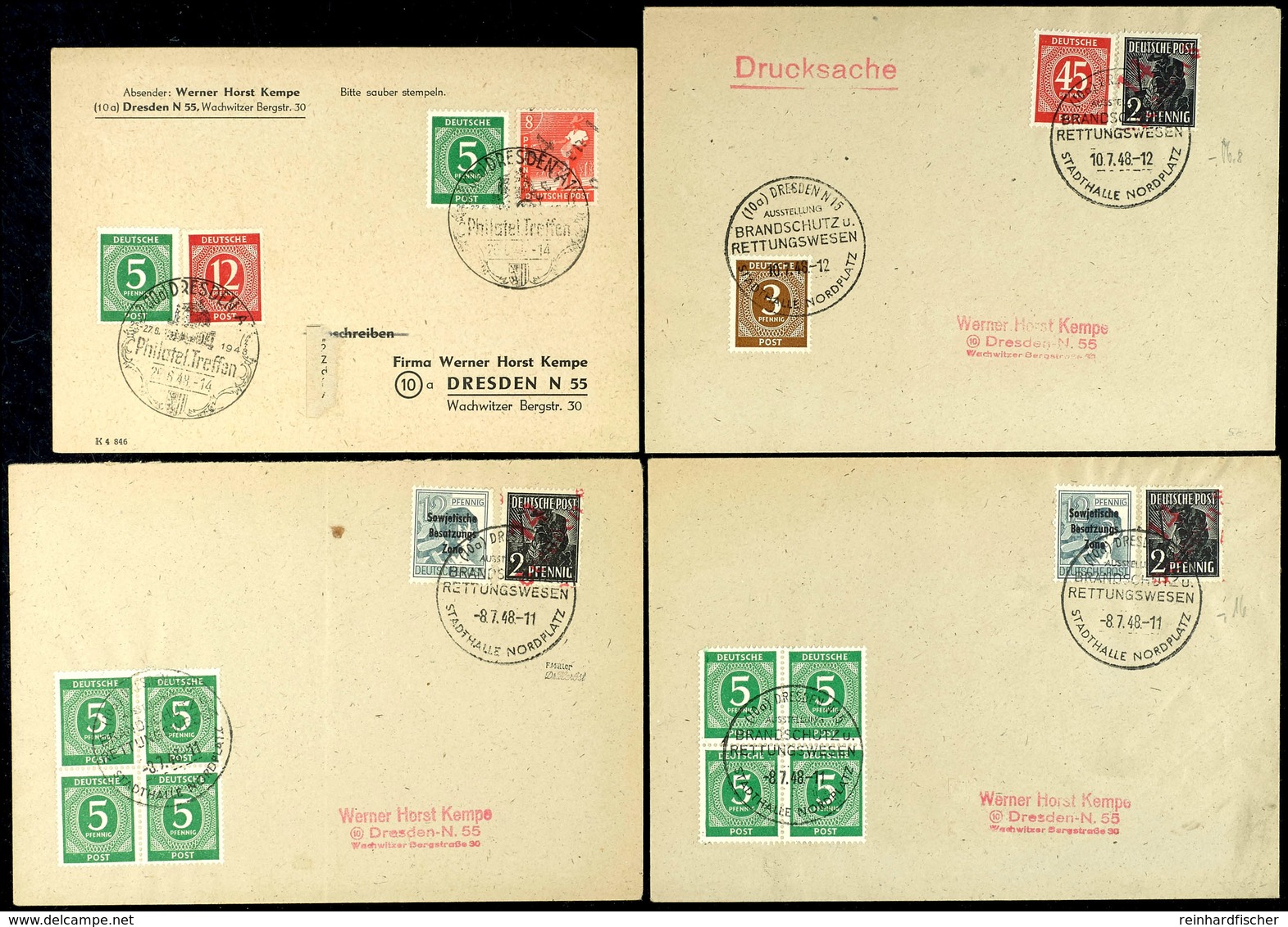 1948, 4 Briefe, Dabei Zehnfach- Und Mischfrankaturen, Eine Drucksachen, Alle Gepr. Müller BPP  BF - Otros & Sin Clasificación