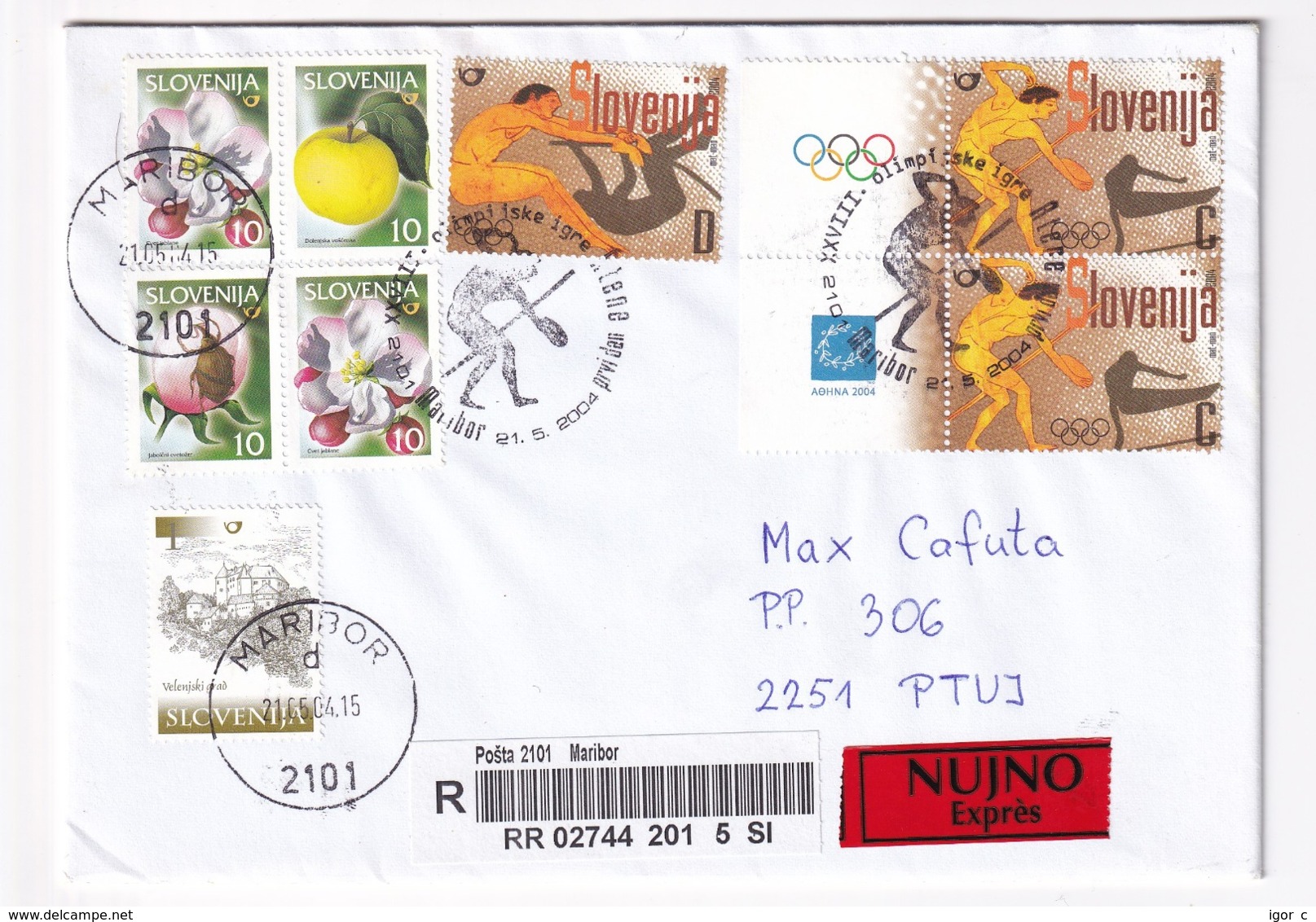 Slovenia 2004 Registered Express Cover: Olympic Games Athens: Pole Valut; Jumping With Weights; Discobolus Gymnastics - Zomer 2004: Athene - Paralympics