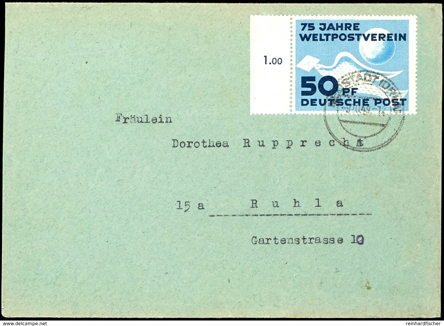 50 Pfg Weltpostverein Mit Linkem Bogenrand Auf FDC Von "NEUSTADT (ORLA) 9.10.49"  Adressiert Nach Ruhla, Tadelloses Kabi - Autres & Non Classés