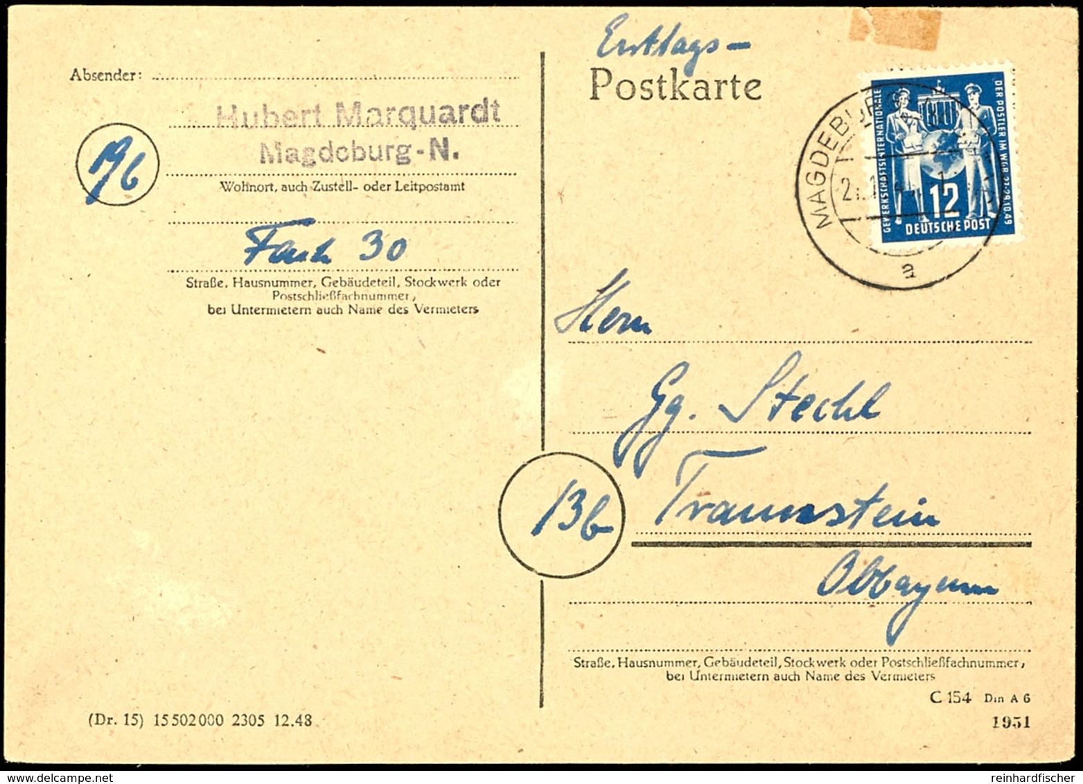 12 Pfg Postgewerkschaft Auf Portogerechter Postkarte Als FDC Von "MAGDEBURG-NEUSTADT 27.10.49" Nach Traunstein, Tadellos - Autres & Non Classés