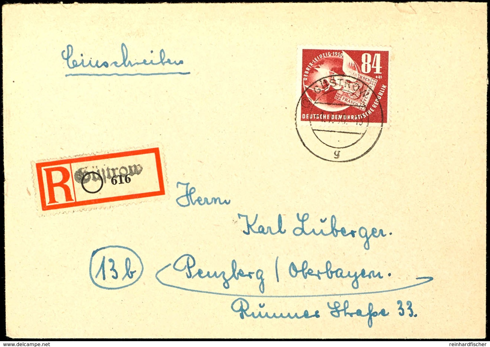 84 + 41 Pfg Deutsche Briefmarkenausstellung DEBRIA Auf R-FDC Von "(3) GÜSTROW 1.7.50" Nach Penzberg, Rechts Ein Verkürzt - Sonstige & Ohne Zuordnung