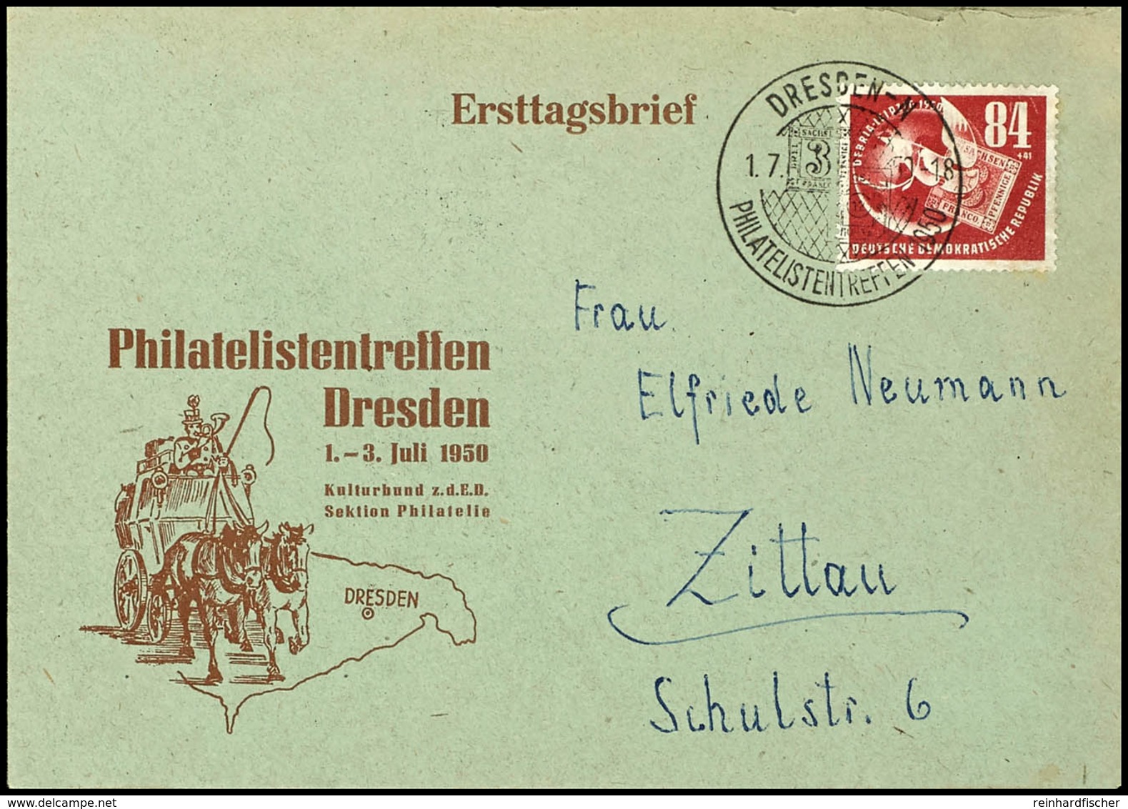 84 + 41 Pfg Briefmarkenausstellung DEBRIA Auf FDC Mit SST "DRESDEN-N / PHILATELISTENTREFFEN 1.7.50", Nach Zittau Adressi - Altri & Non Classificati