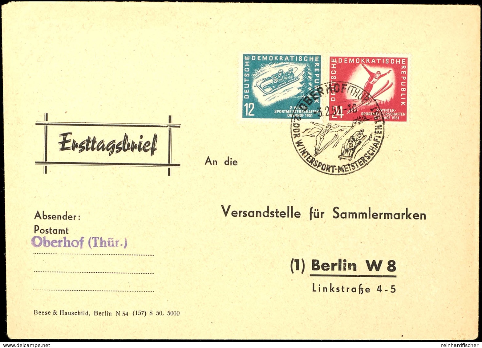 12 + 24 Pfg Wintersportmeisterschaften, Beide Werte Komplett Auf FDC Von Mit ESST "OBERHOF (THÜR.) 3.2.51" Nach Berlin,  - Sonstige & Ohne Zuordnung