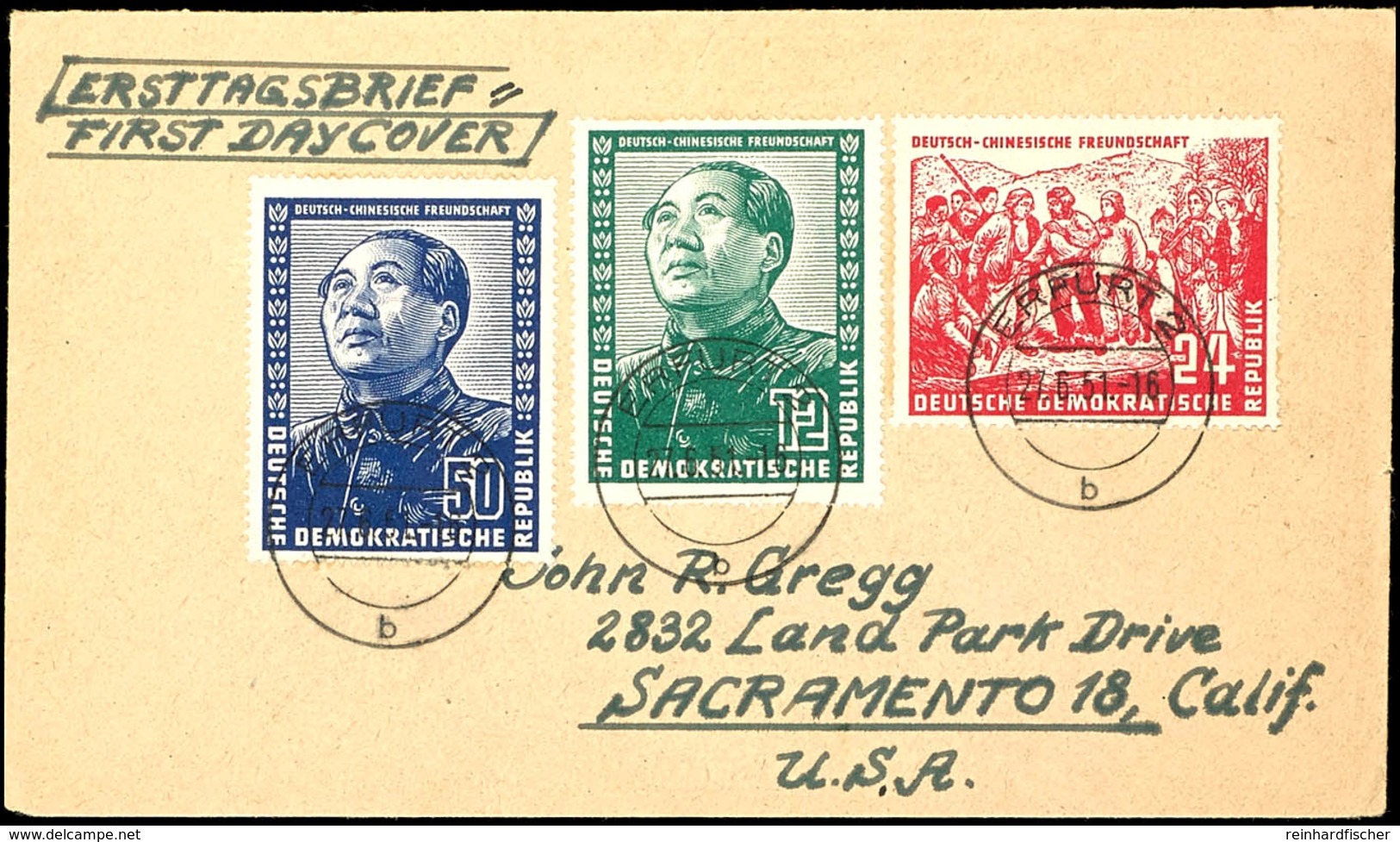 12 - 50 Pfg Deutsch-chinesische Freundschaft, 3 Werte Komplett Auf Satz-FDC Von "ERFURT 2 27.6.51" Nach Sacramento / USA - Altri & Non Classificati