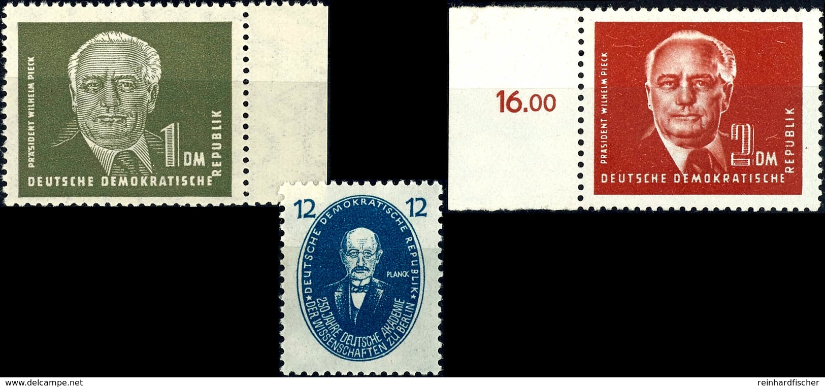 1 DM Und 2 DM Pieck II, Wz. Type I Bzw. Type II, Je Randstück, Gepr. Weigelt BPP Bzw. Sign. Gerhard, Dazu 12 Pf. Akademi - Autres & Non Classés