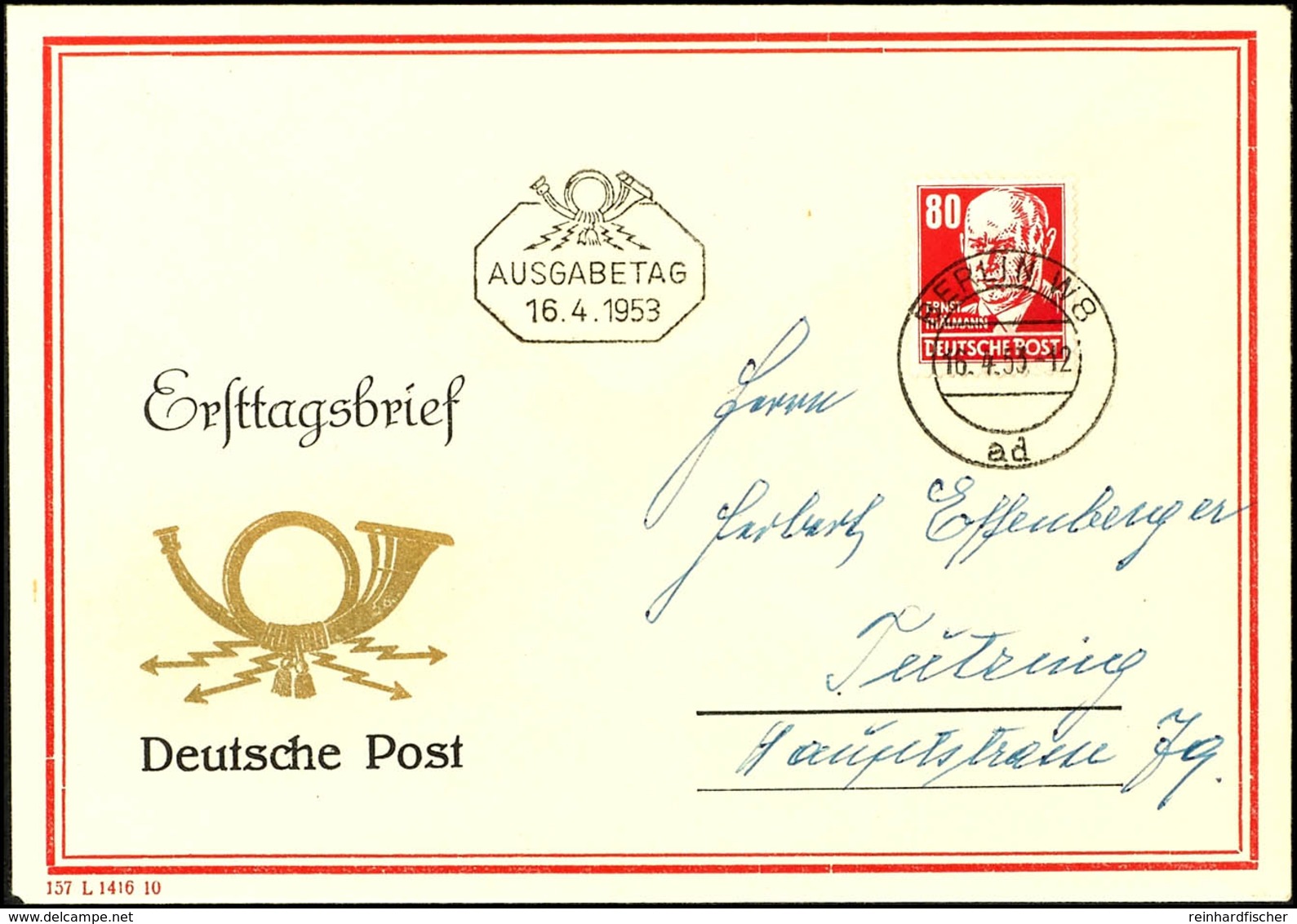 80 Pfg Köpfe Auf Schmuck-FDC Von "BERLIN W8 16.4.53" Nach Teitzing, Tadellose Erhaltung, Mi. 400.-, Katalog: 340 FDC BF - Other & Unclassified