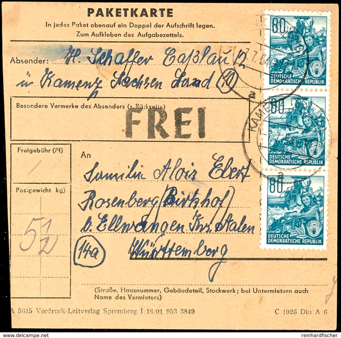 80 Pfg Fünfjahrplan, Offsetdruck, Senkrechter 3er-Streifen Auf Paketkarte Von "KAMENZ (SACHS.) 7.7.54" Nach Rosenberg B. - Other & Unclassified