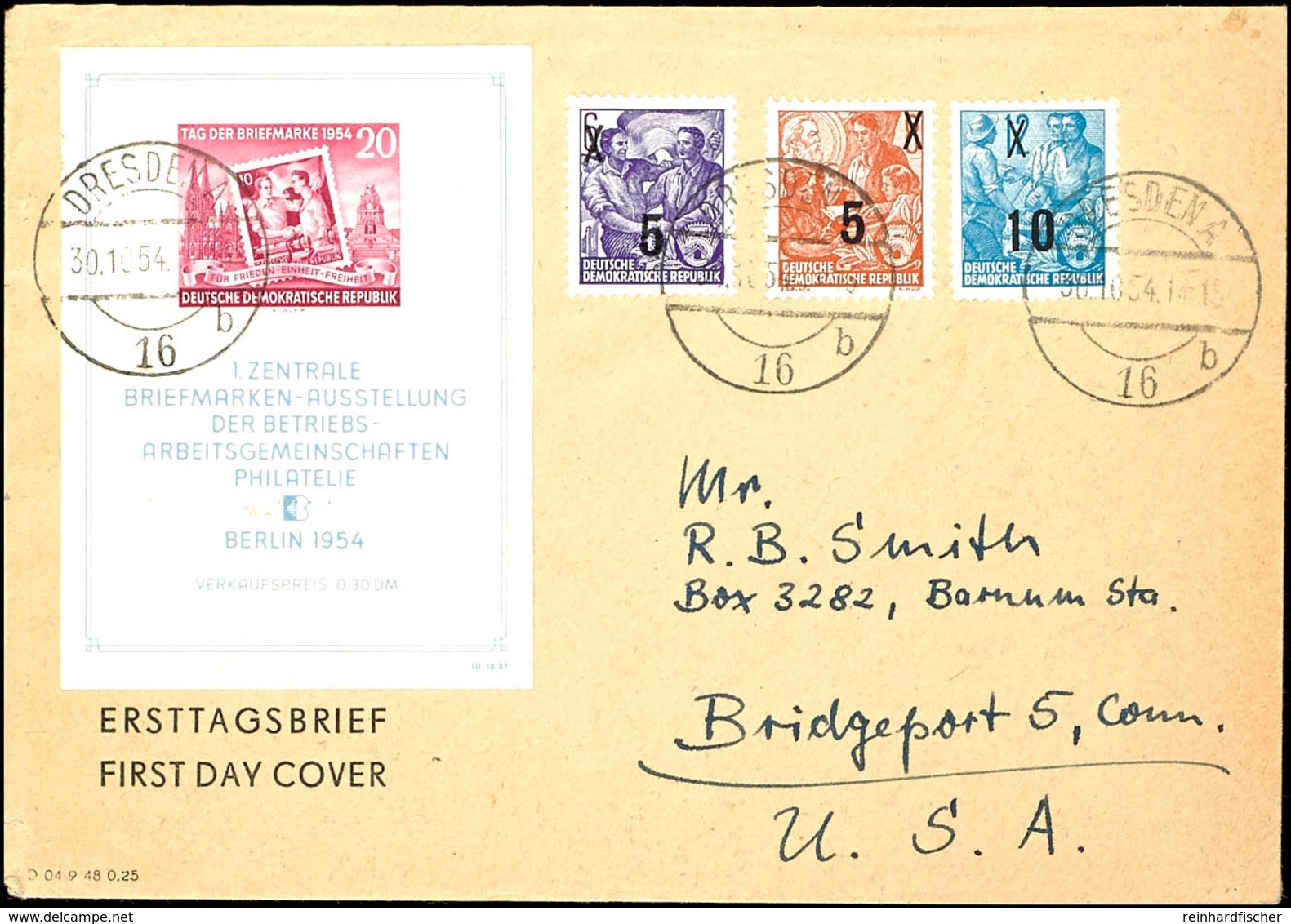 Blockausgabe Briefmarkenausstellung Mit Zufrankatur Fünfjahrplan Auf FDC Von "DRESDEN A 30.10.54" Nach Bridgeport / USA, - Altri & Non Classificati
