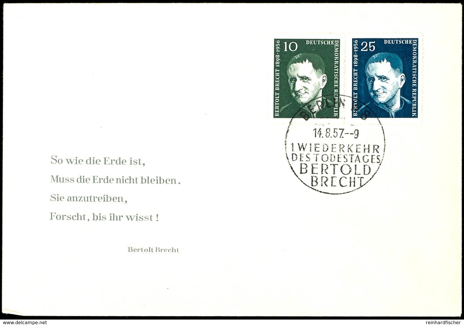 10 Und 25 Pfg Brecht Auf Blanko-Schmuck-FDC Mit Zurückgezogenem ESST "BERLIN W8 14.8.57", Amtlicher Umschlag In Der Klei - Autres & Non Classés